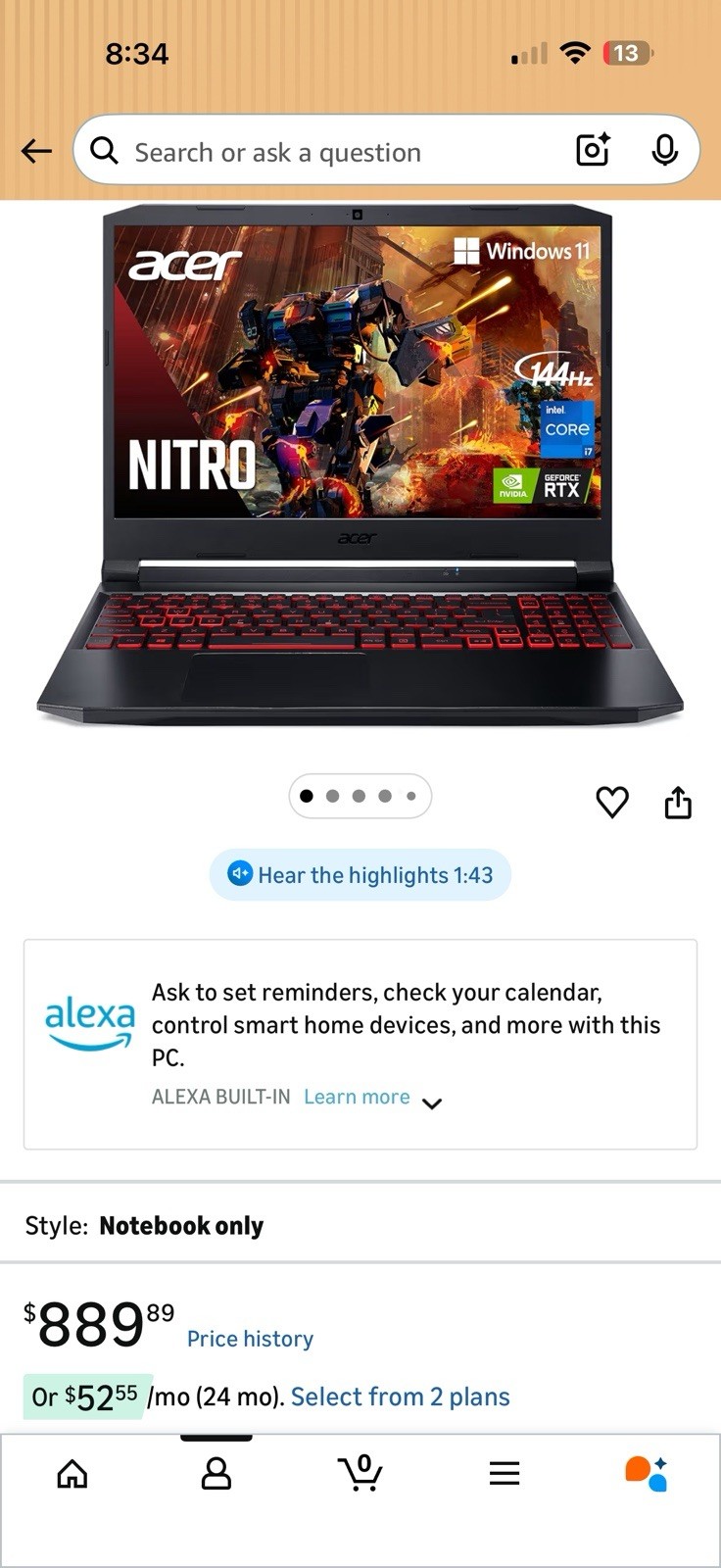 Acer Nitro 5 AN515-57-79TD Gaming Laptop i7 RTX 3050 Ti 15.6″ FHD 8GB 512GB SSD…