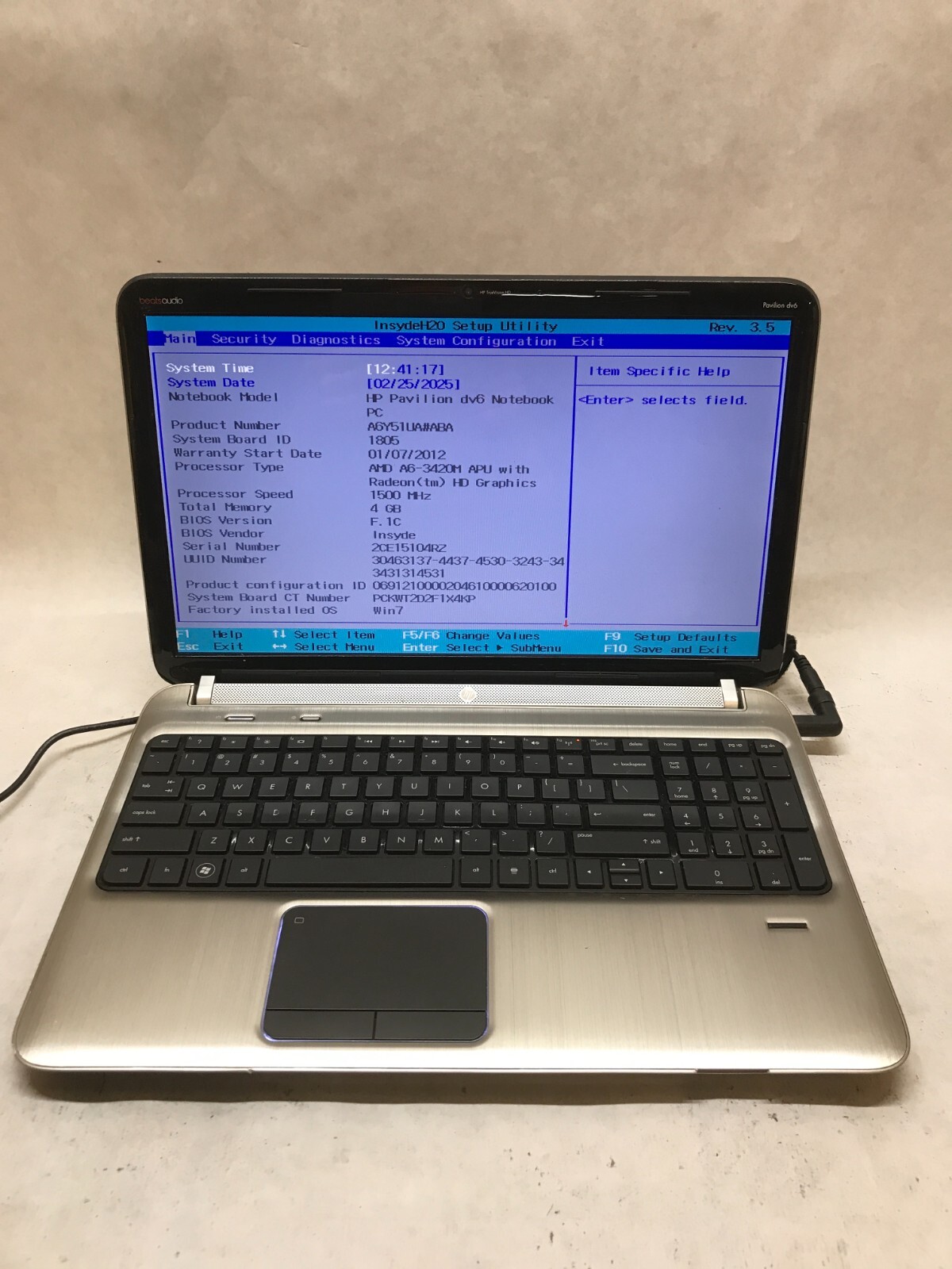 HP Pavilion dv6-6c13cl 15″ AMD A6-3420M 1.5GHz 4GB RAM NO HDD/OS NO BATT – – DW