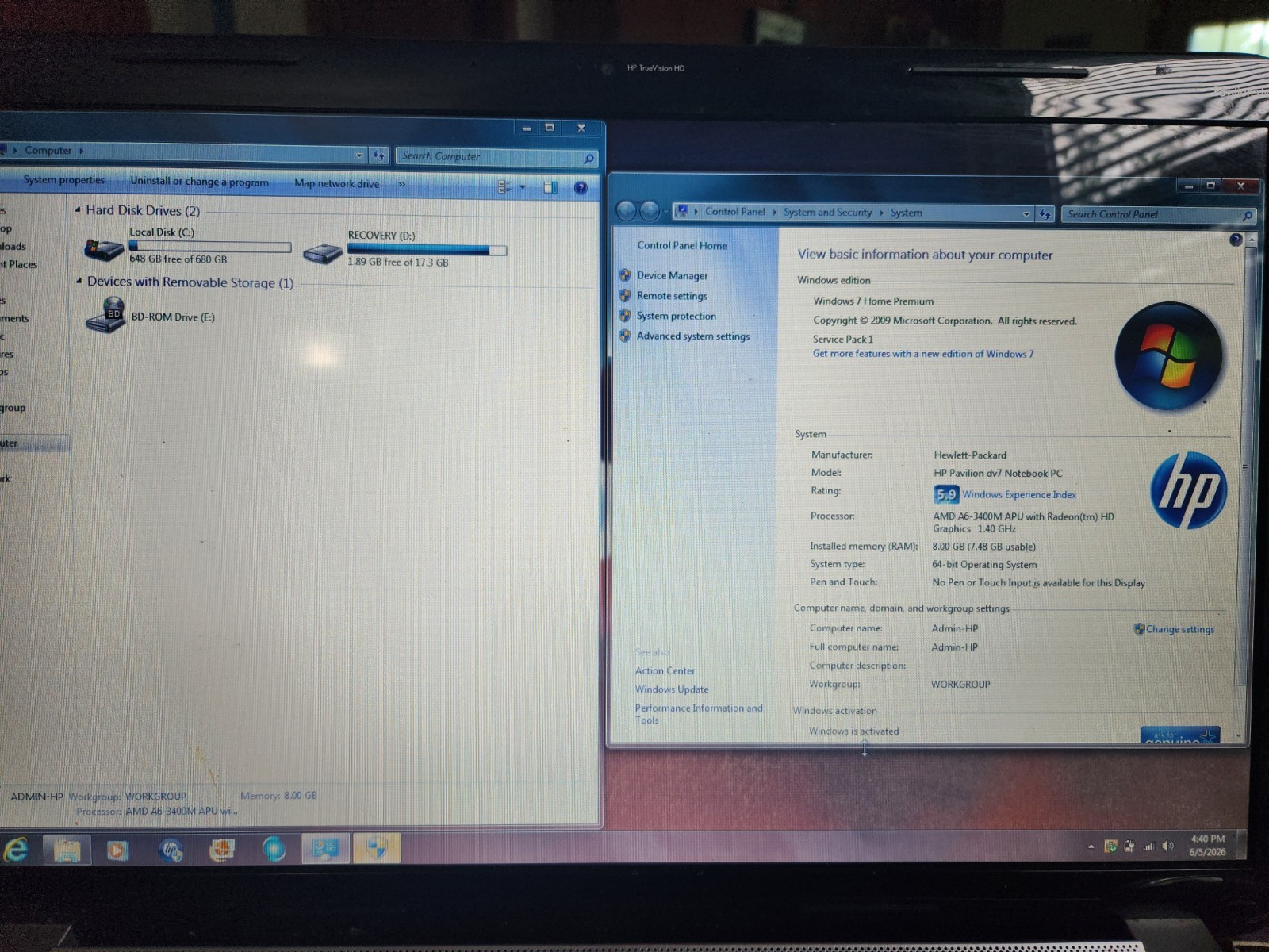 HP Pavilion dv7 Black 17.3″ screen AMD A6 Quad Core 8GB RAM 750GB HDD