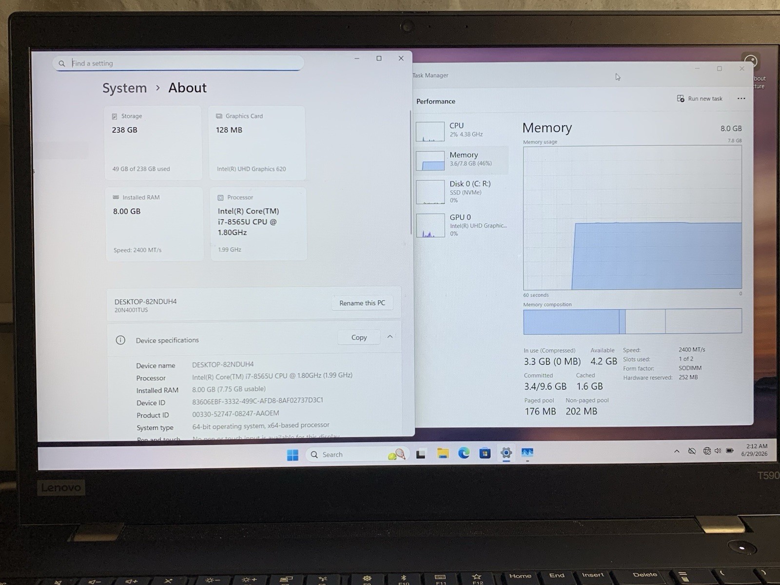 Lenovo ThinkPad T590 i7-8565U 8GB 256GB SSD Win11 15.6in FHD Black
