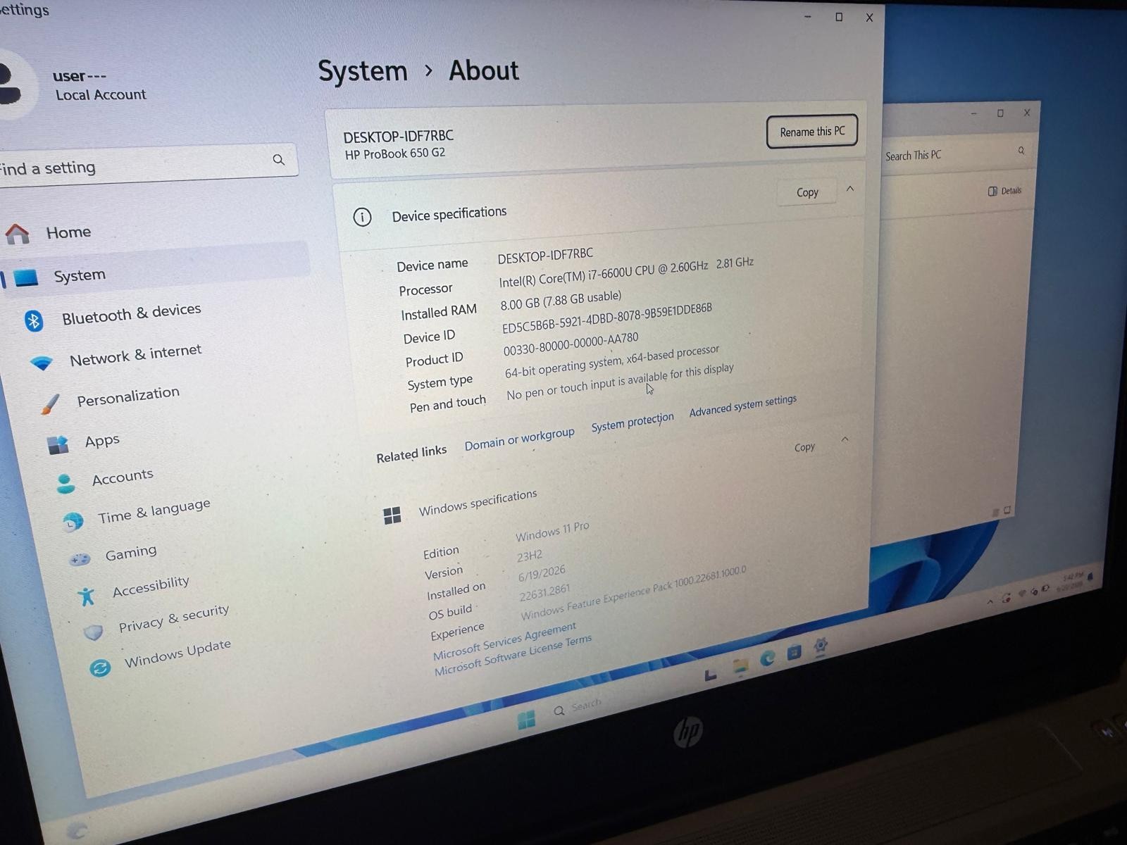 HP ProBook 650 G2, intel core i7-6600U 2.81GHz 8GB RAM 128GB SSD Windows 11 Pro