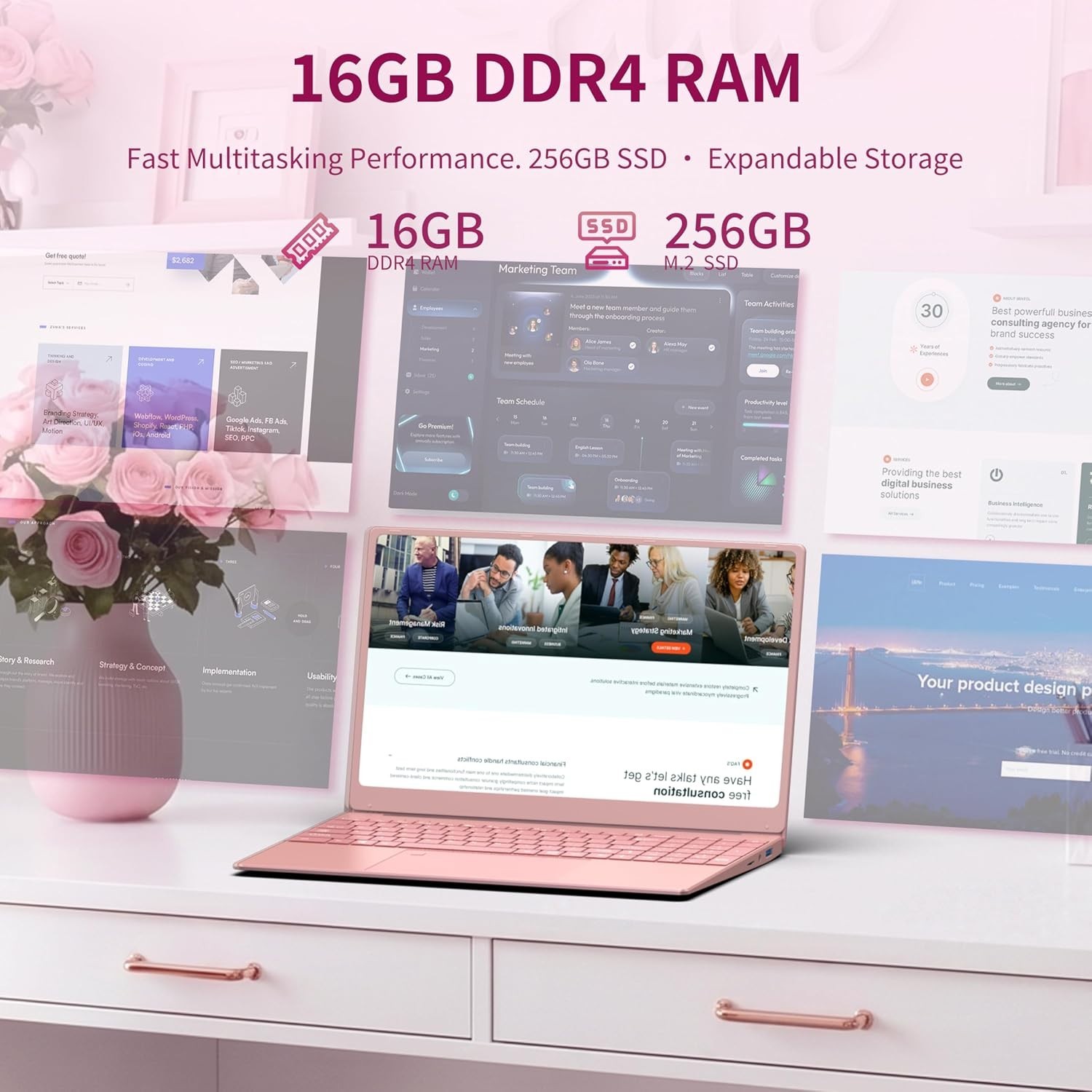 15.6″ Rose Gold Laptop, 16GB RAM 256GB SSD, Intel N5095 *NEW*