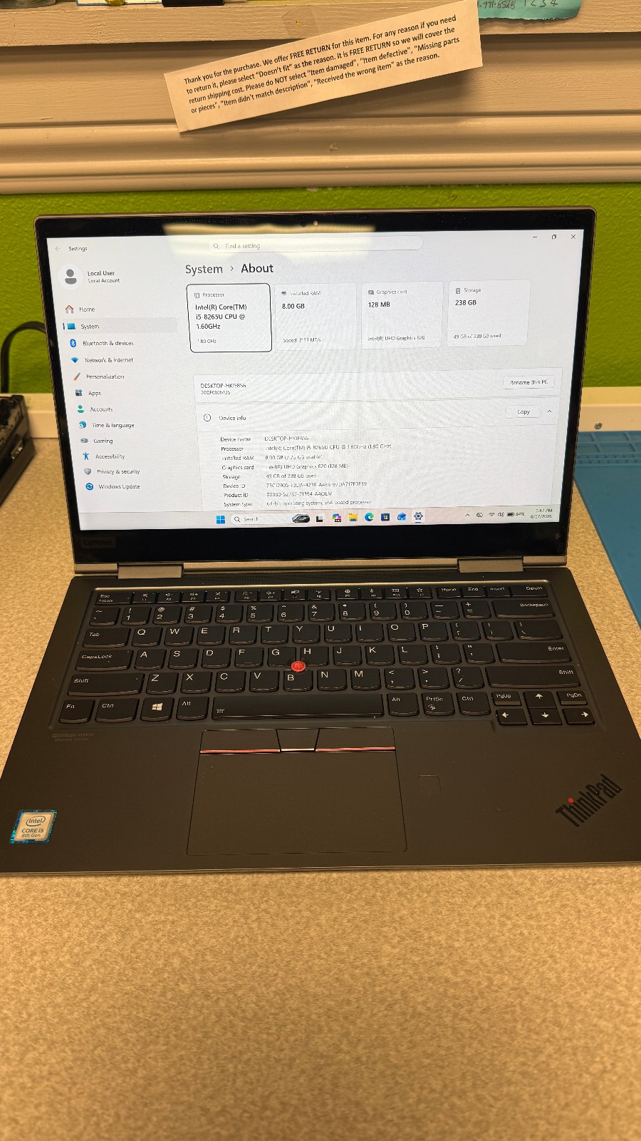 Lenovo ThinkPad X1 Yoga4Th Gen Touch Laptop 13.3″ Core i5 8GB RAM 256GB Storage