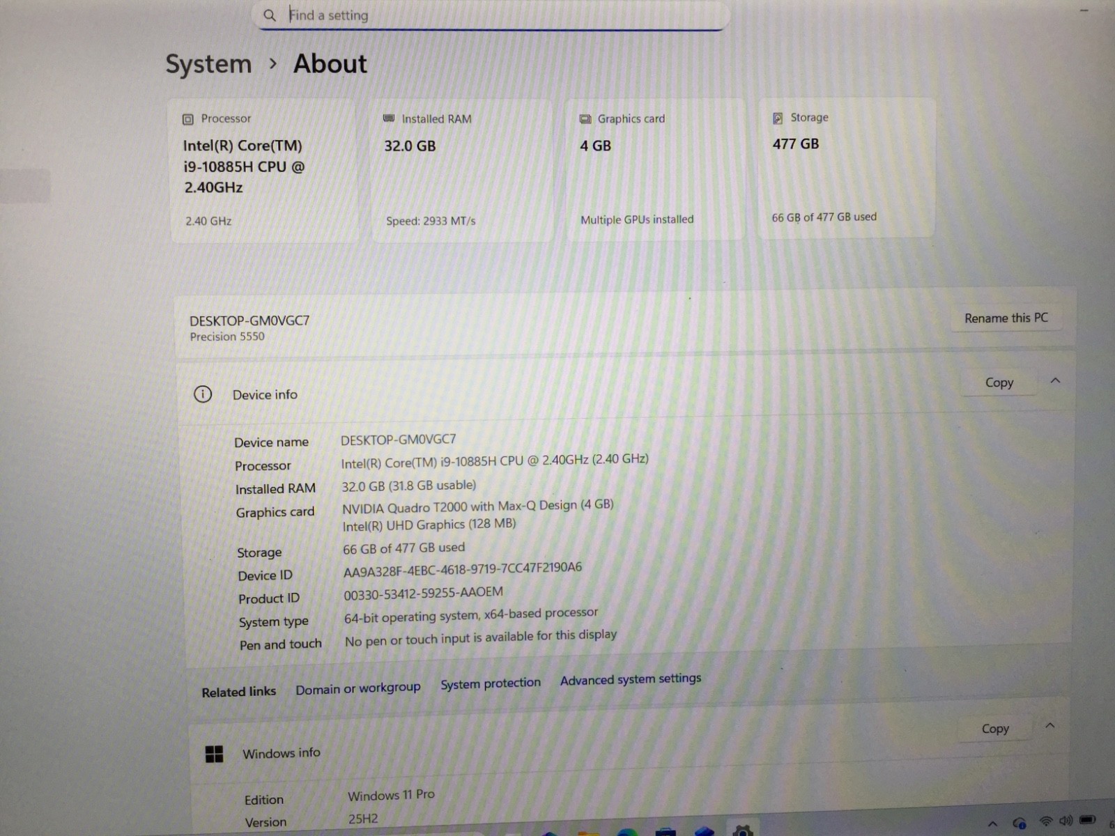 Dell Precision 5550 15.6” CORE I9-10885h CPU 2.40GHz -32GB RAM 512GB