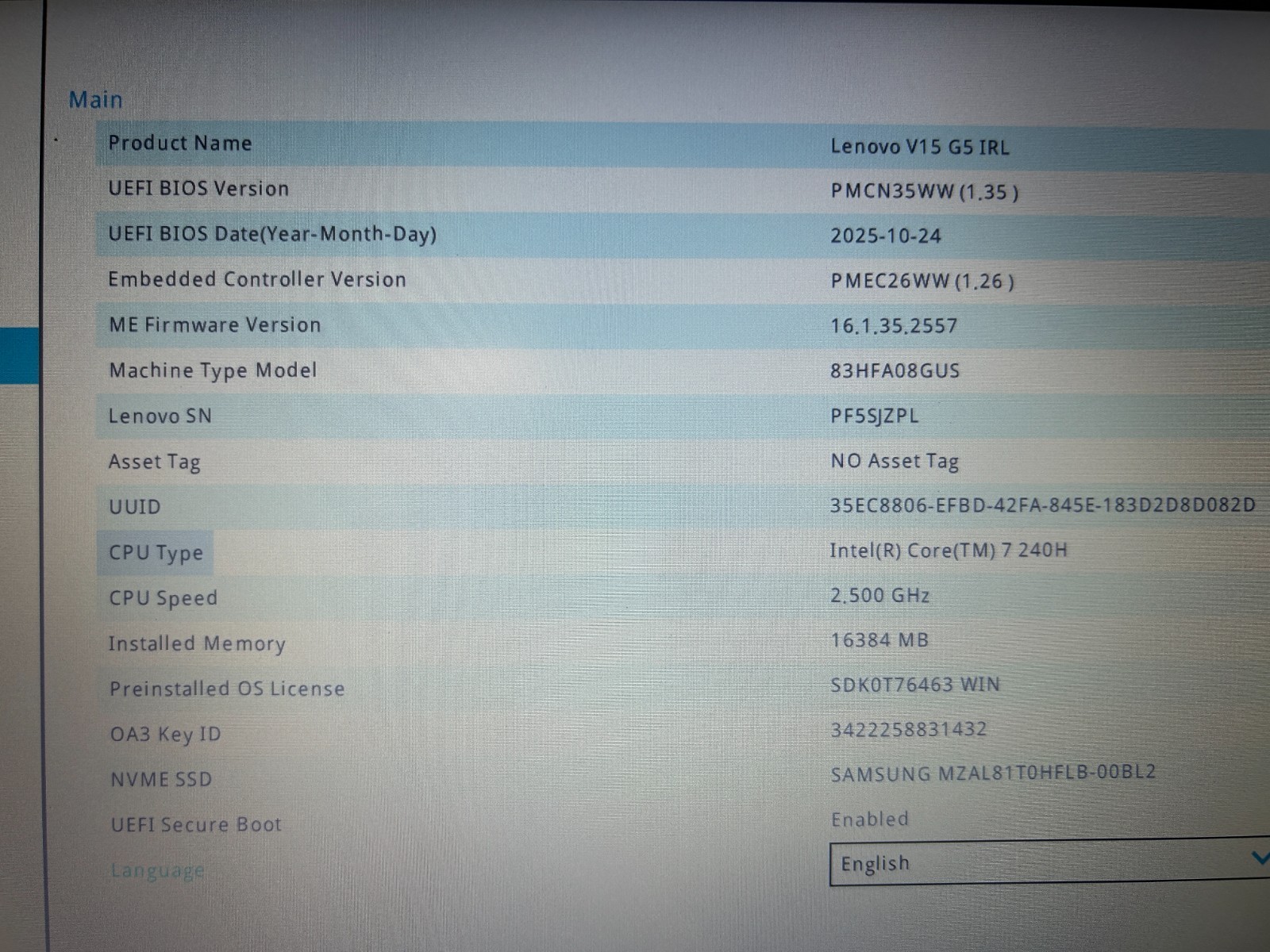 Lenovo V15 G5 IRL, Intel Core 7 240H, 2.50 GHz, 16 GB RAM, 1 TB NVMe SSD