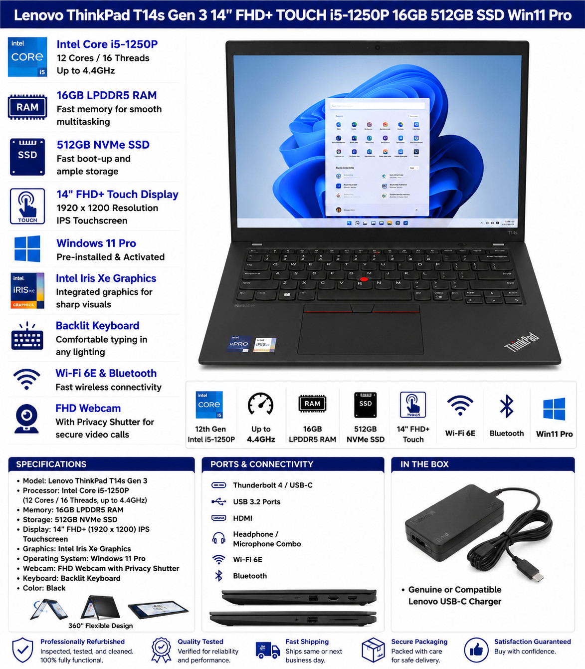 Lenovo ThinkPad T14s Gen 3 14″ FHD+ Touch i5-1250P 16GB RAM 512GB SSD Win11 Pro