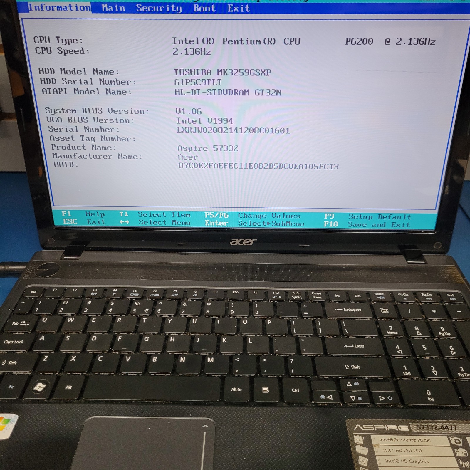 Acer Aspire 5733z-4477 15.6″ Laptop Intel Pent P6200 @2.13GHz 4GB RAM No HDD