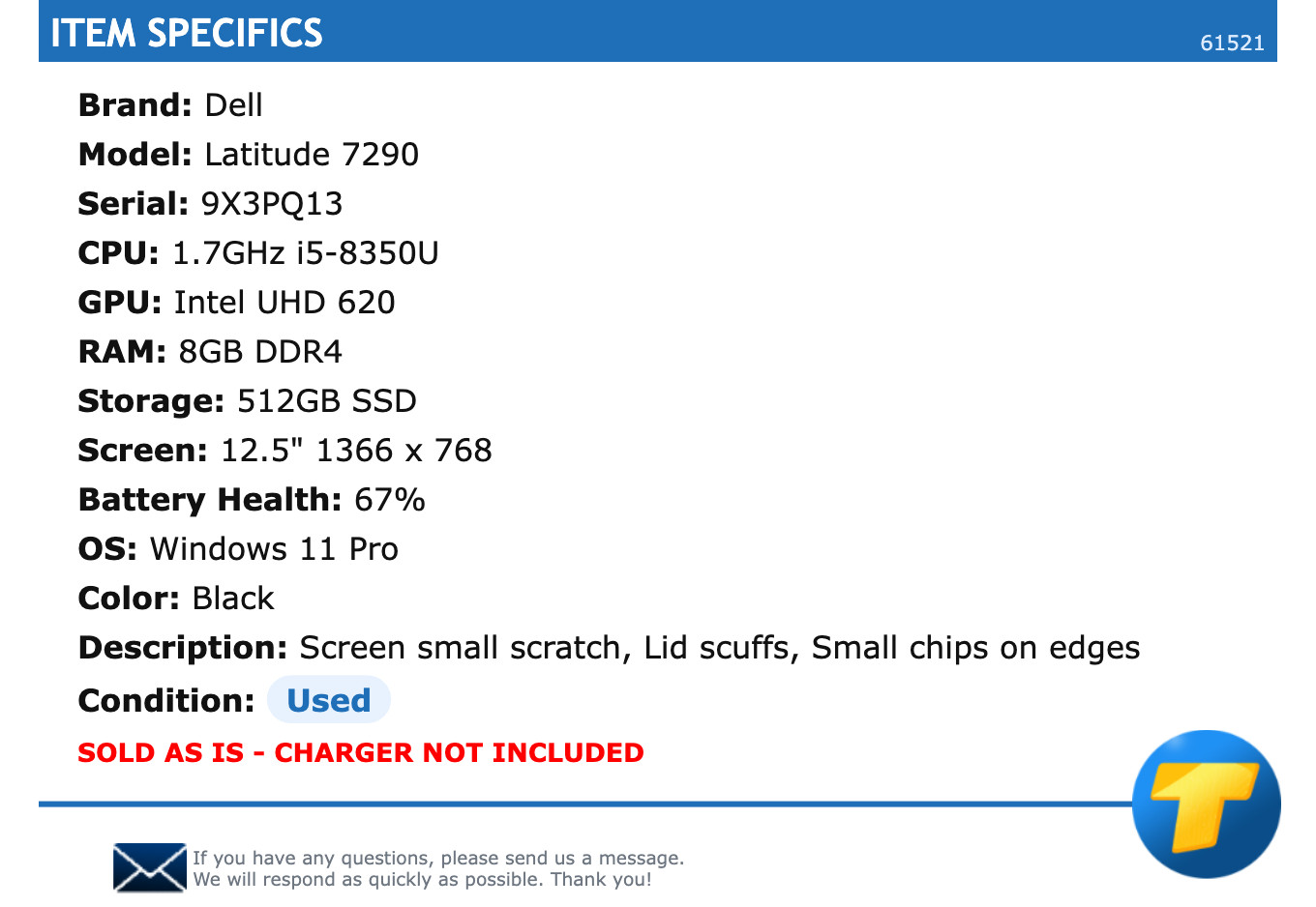 Dell Latitude 7290 – 12.5″ HD, 1.7GHz i5, 8GB RAM, 512GB SSD, Windows 11 Pro