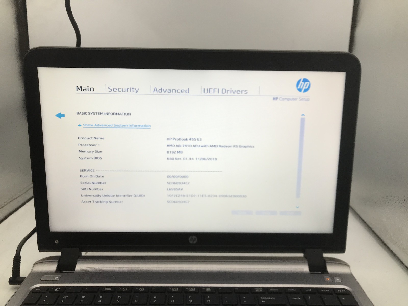 HP PROBOOK 455 G3 – BOOTS TO BIOS – AMD A8 7410 – 8GB RAM – READ DESCRIPTION -BB