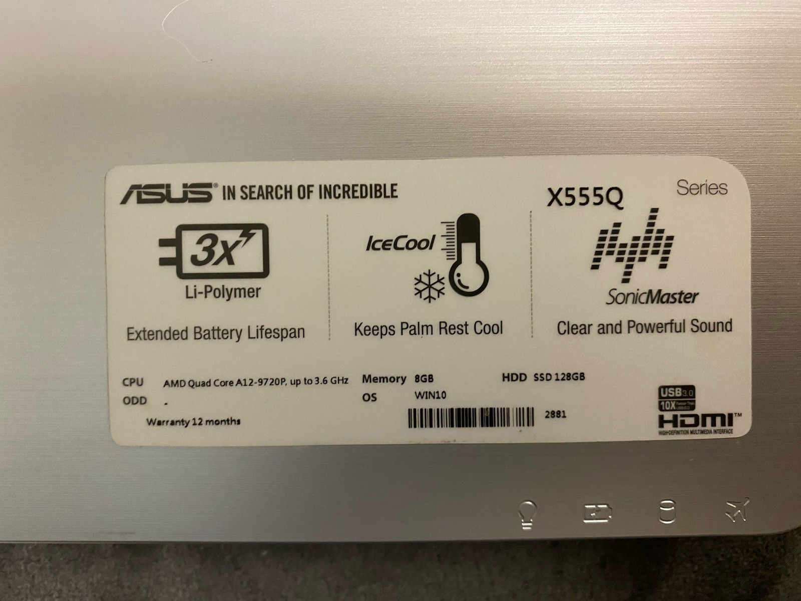 ASUS X555Q Laptop AMD A12-9720P 8GB RAM 120GB SSD Windows 10 Working