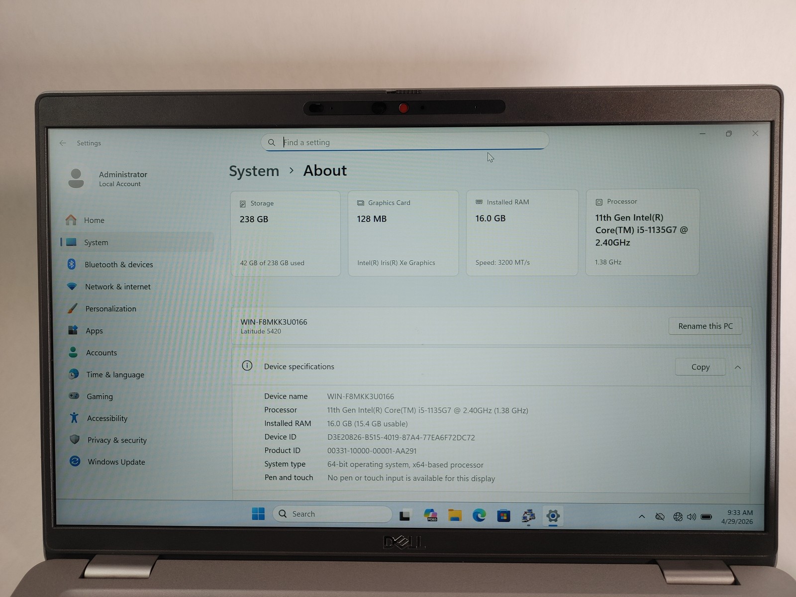 Dell Latitude 5420 Core i5-1135G7 2.40 GHz 16 GB DDR4 256 GB NVMe Windows 11 Pro