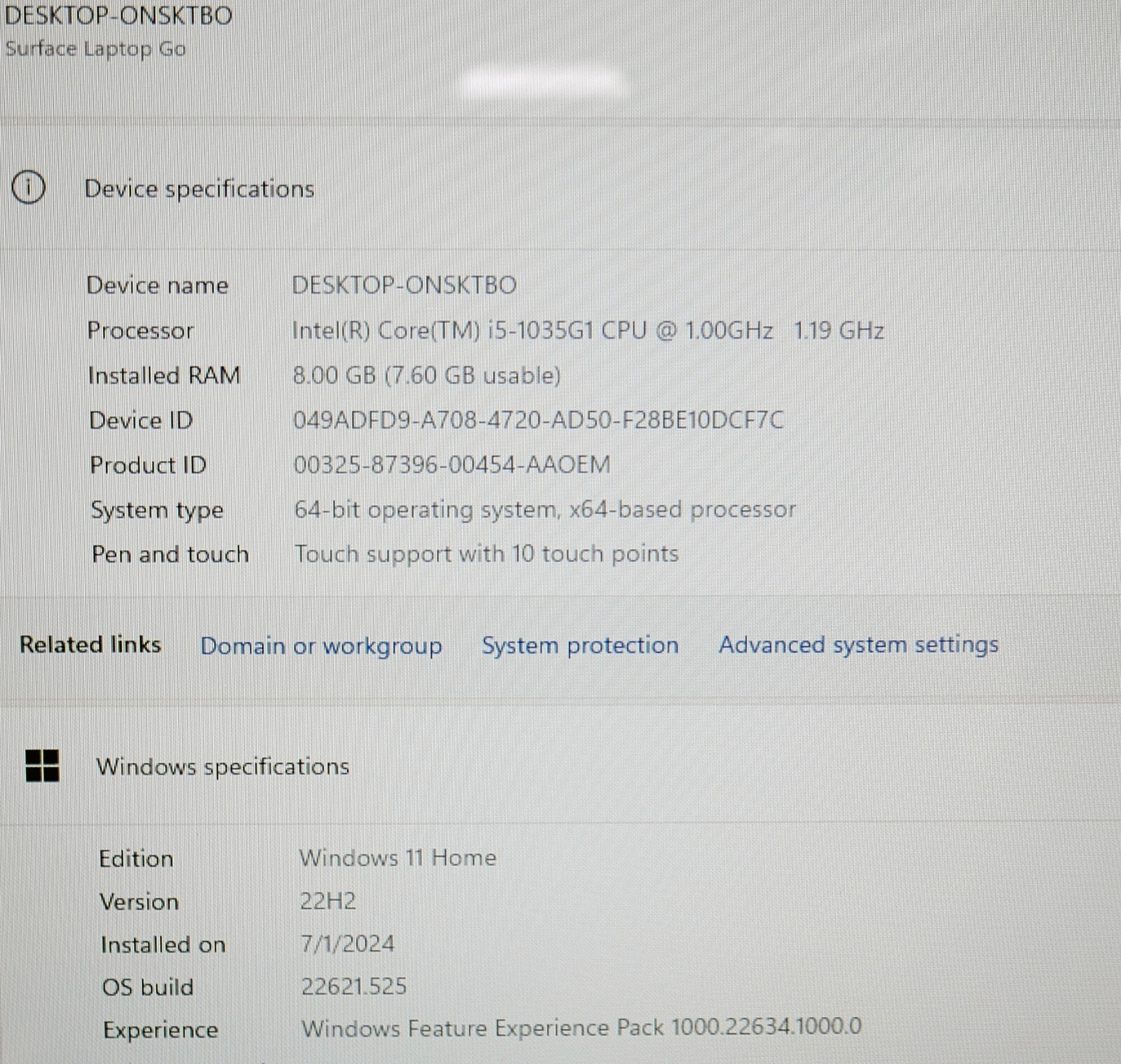 Microsoft Surface Laptop Go 12.3″ Core i5 1.20GHz 8GB RAM 128GB SSD Win 11 Home