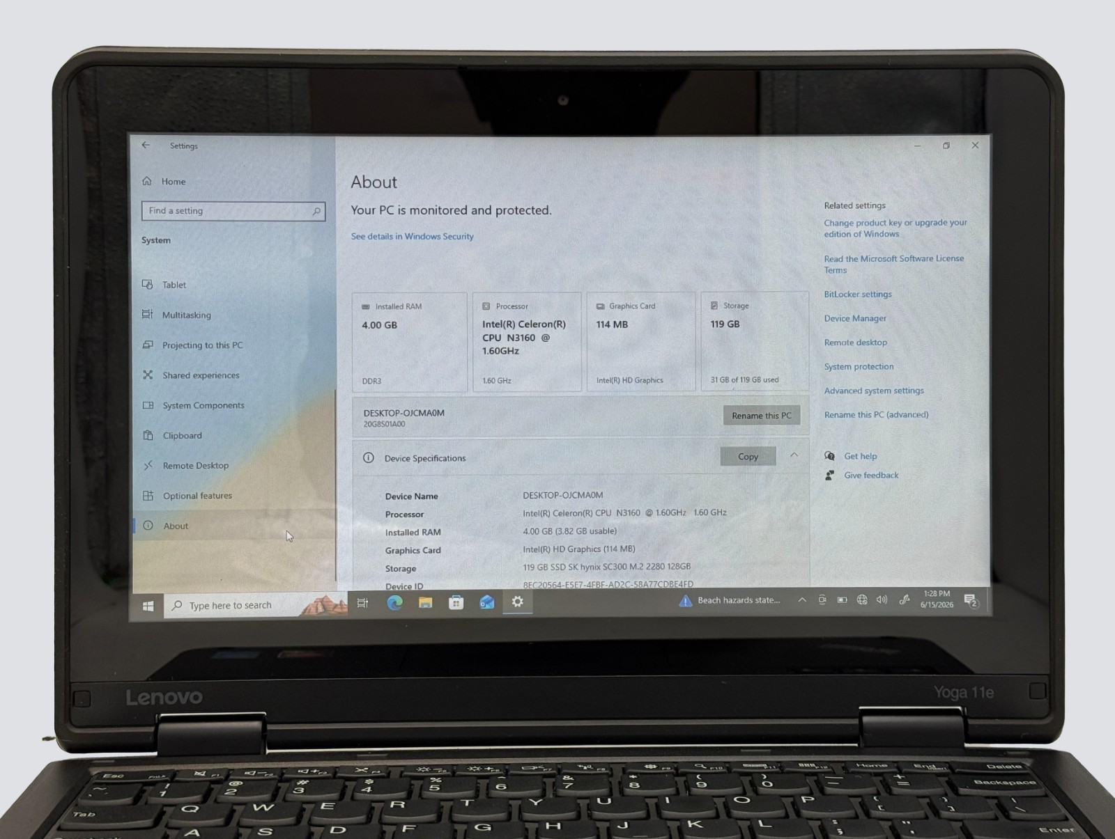 Lenovo Thinkpad Yoga 11e 3rd Gen Celeron N3160 1.6GHz 4GB RAM 128GB HD Win 10P