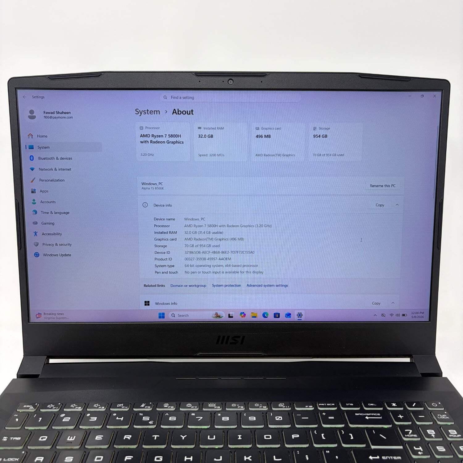 MSI Alpha 15 B5EEK 15.6″ AMD Ryzen 7 5800H 3.2GHz 32GB RAM 1 TB SSD