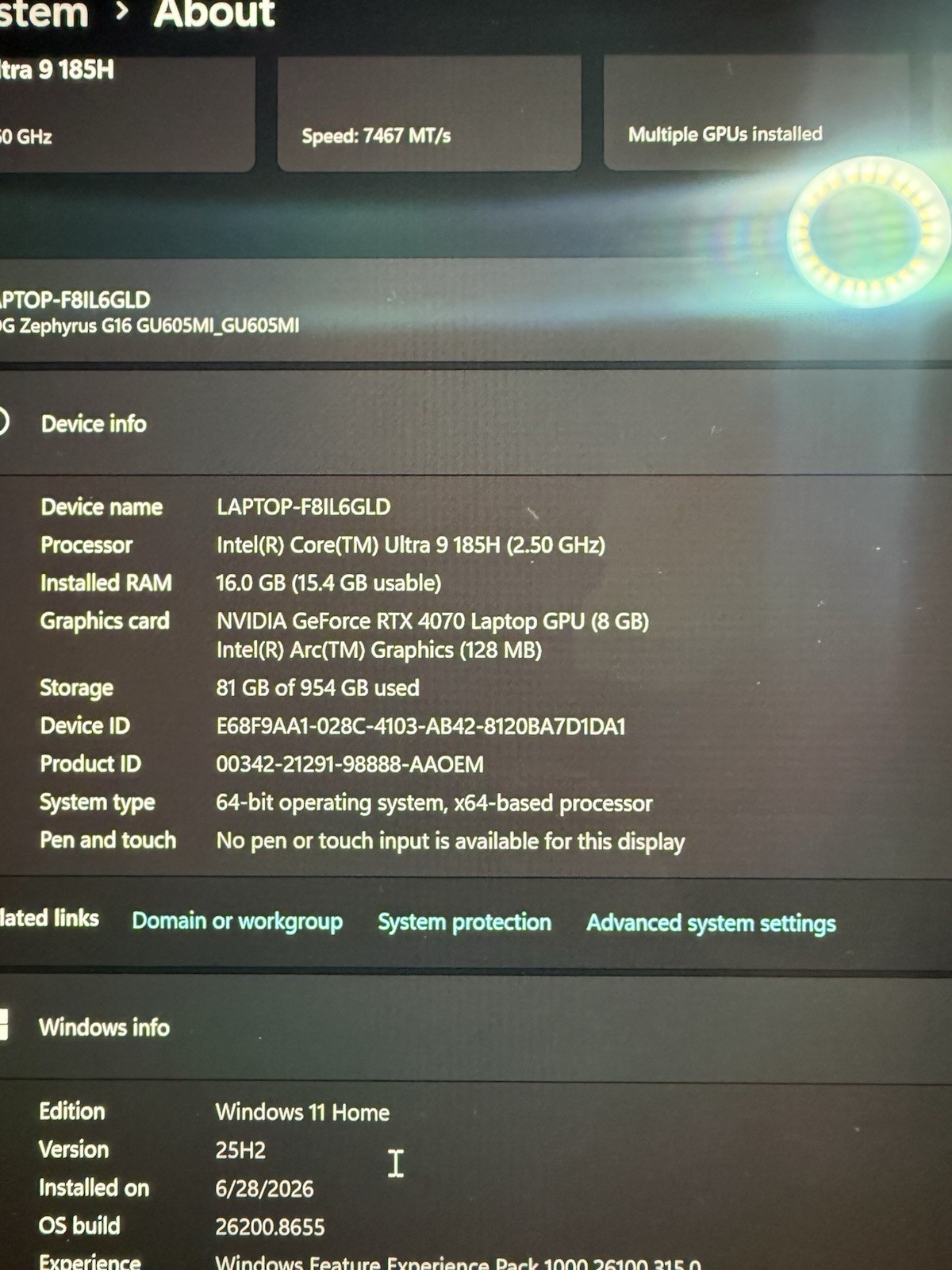 ASUS ROG Zephyrus G16 GU605MI 16″ Ultra 9 185H 16GB 1TB SSD RTX 4070
