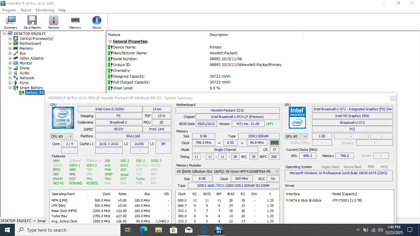 HP EliteBook 850 G2 15″ HD I5-5200U 1TB SSD 8GB W10P Webcam Backlit *READ*