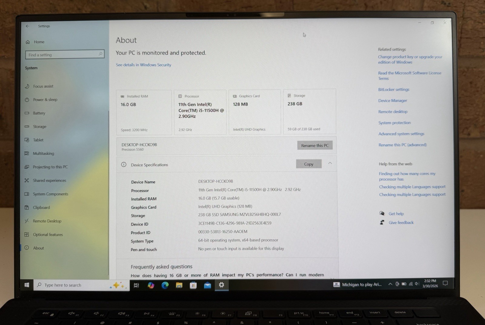 Dell Precision 5560 16″ Intel i5 11th Gen, 16GB/256GB