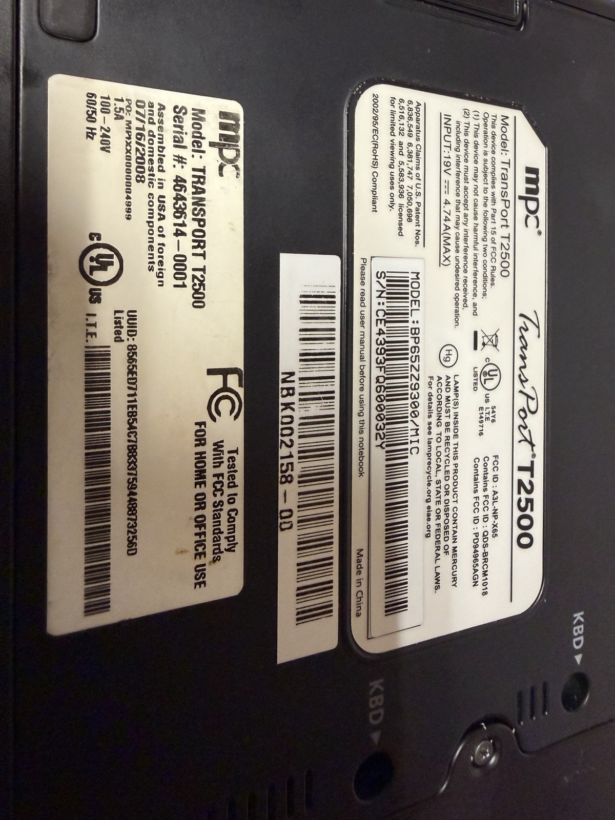 MPC Transport T2500 Laptop Computer 15.1 TFT Win10pro C2D 2.50 40GB 4GB DVDRW