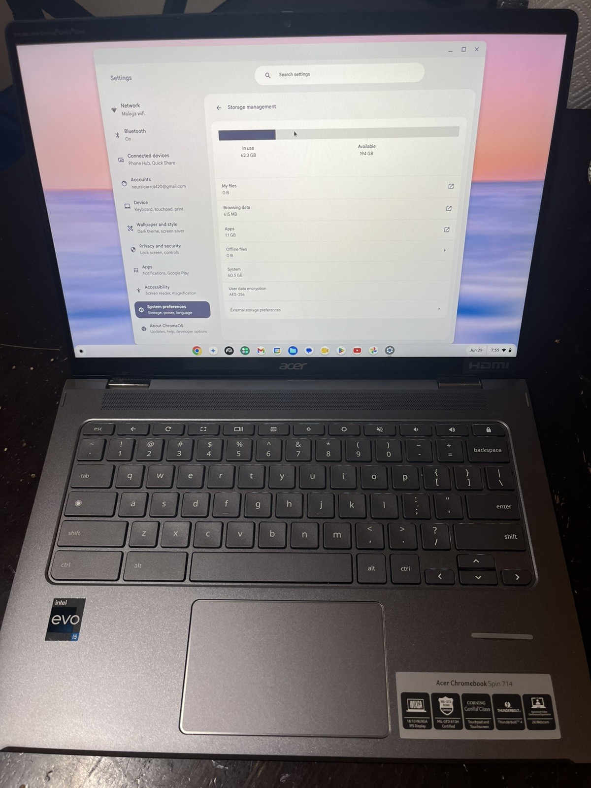 Acer Chromebook Spin 714 i5-1335U 8GB RAM 256GB SSD Chrome OS w/ ac adpater