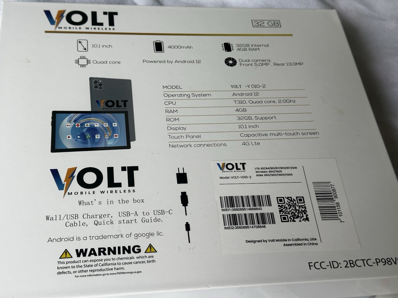 VOLT VO10-2 10.1” Android 12 Tablet 32GB 4GB RAM 4G LTE Cellular, Box, Charger