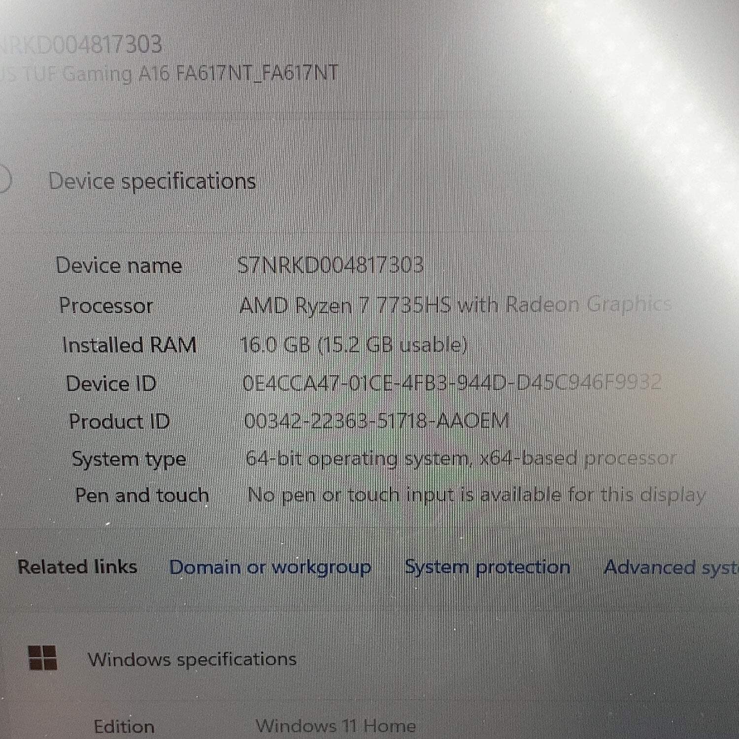 Asus TUF A16 Ryzen 7 7735HS 3.2GHz 16GB RAM 512GB SSD AMD Radeon RX 7700S