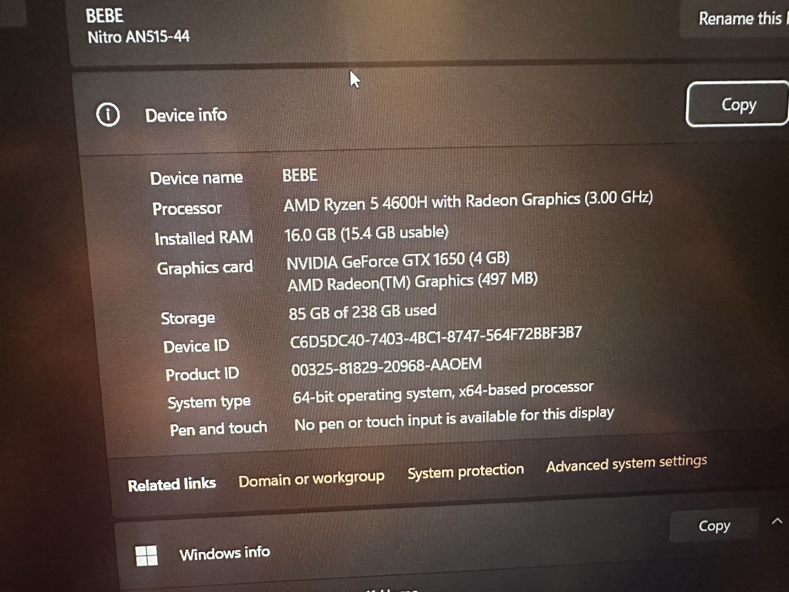 Acer Nitro 5 AN515-44 15.6″ Ryzen 5 4600H 16GB SSD 238GB GTX 1650