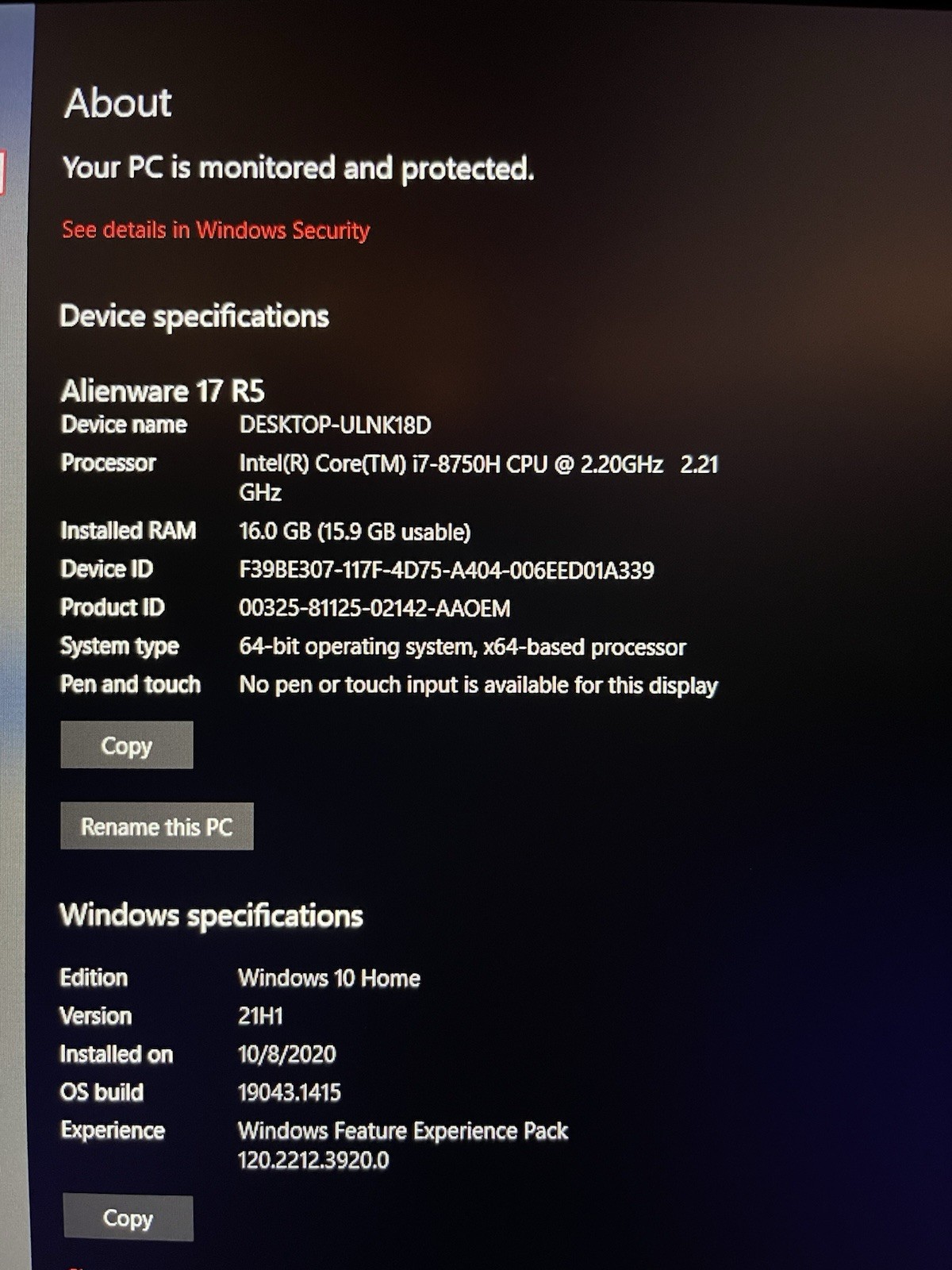 Alienware 17 R5 17in Gaming Laptop i7 8th Gen 16GB RAM GTX 1070 Win10