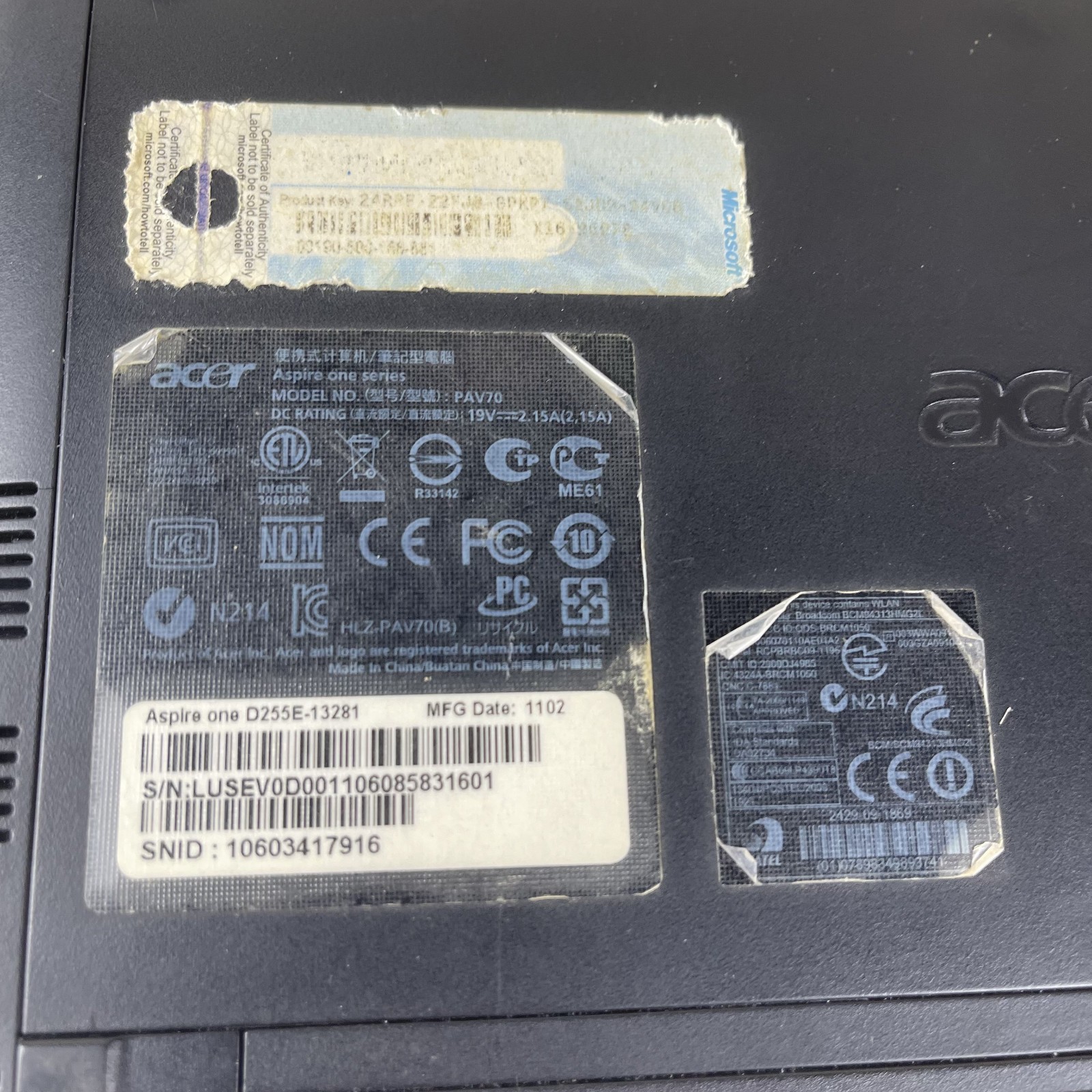 Acer Aspire One D255E Intel Atom N455 1.66GHz 1 GB (UNTESTED)