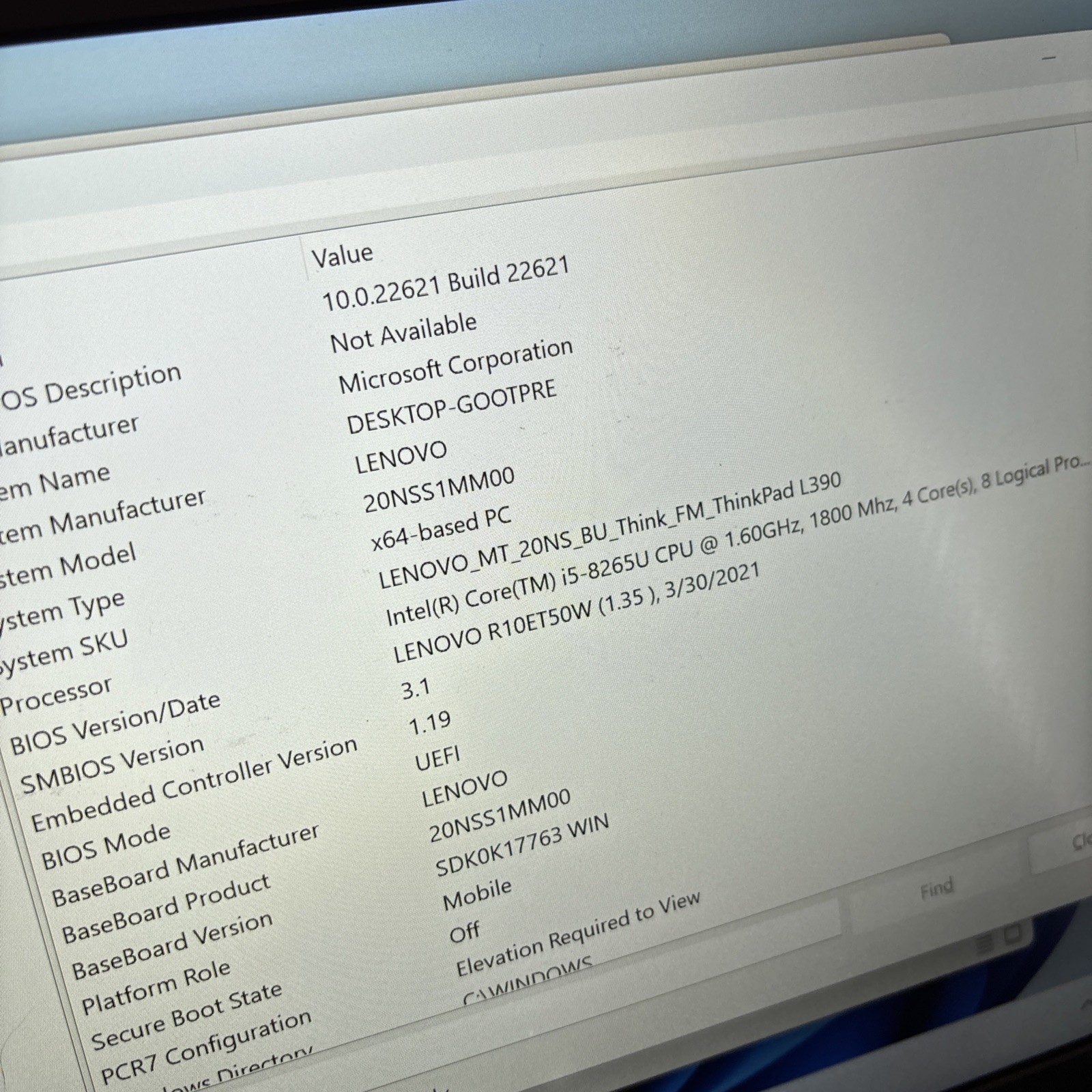 Lenovo ThinkPad L390 i5-8265U 8gb RAM 250gb SDD 13.3″ Windows 11