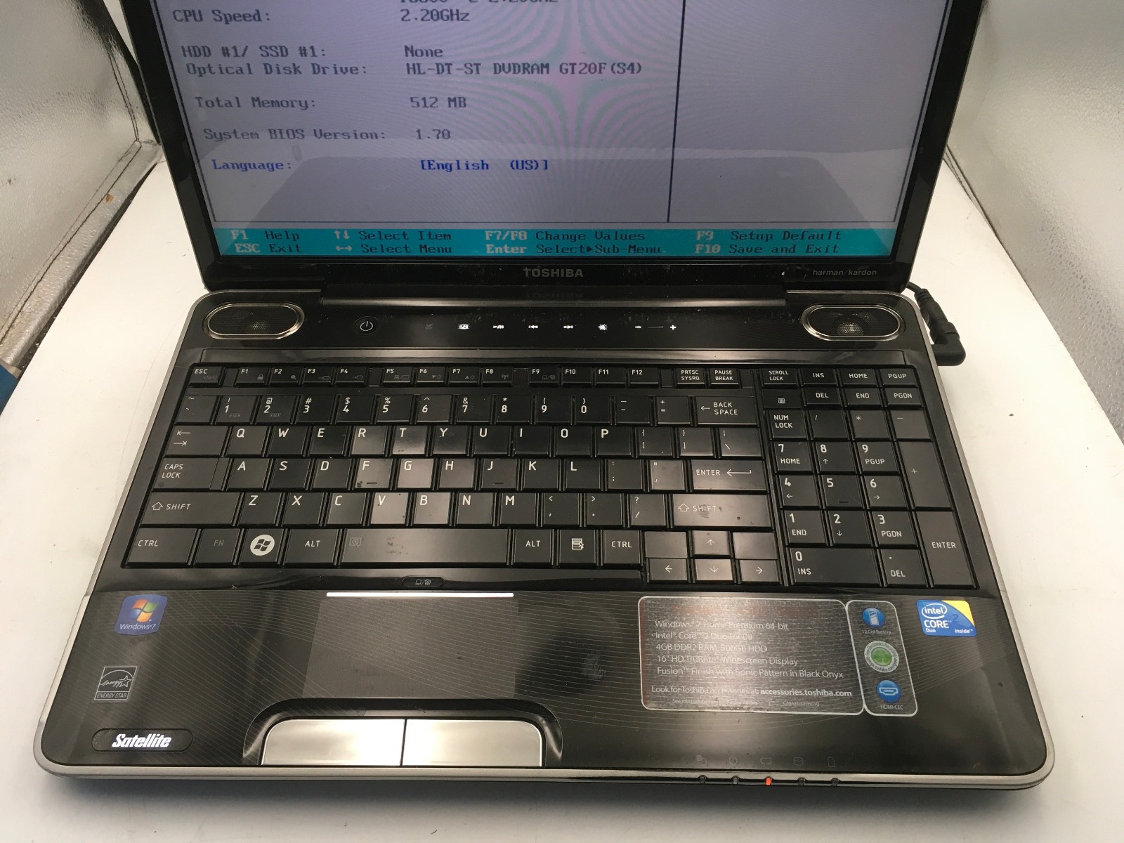 TOSHIBA SATELLITE A505 S6980 – BOOTS TO BIOS – INTEL 2 DUO T6600 – 512MB RAM -BB