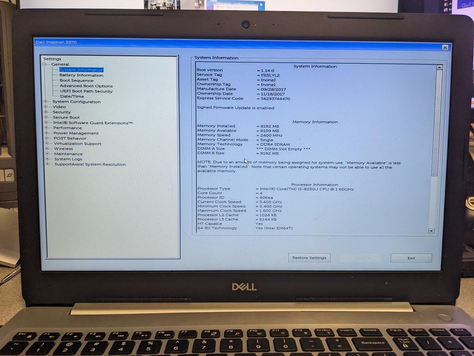 DELL INSPIRON 5570 i5-8250U @ 1.60GHz, 8GB RAM, NO HDD/OS