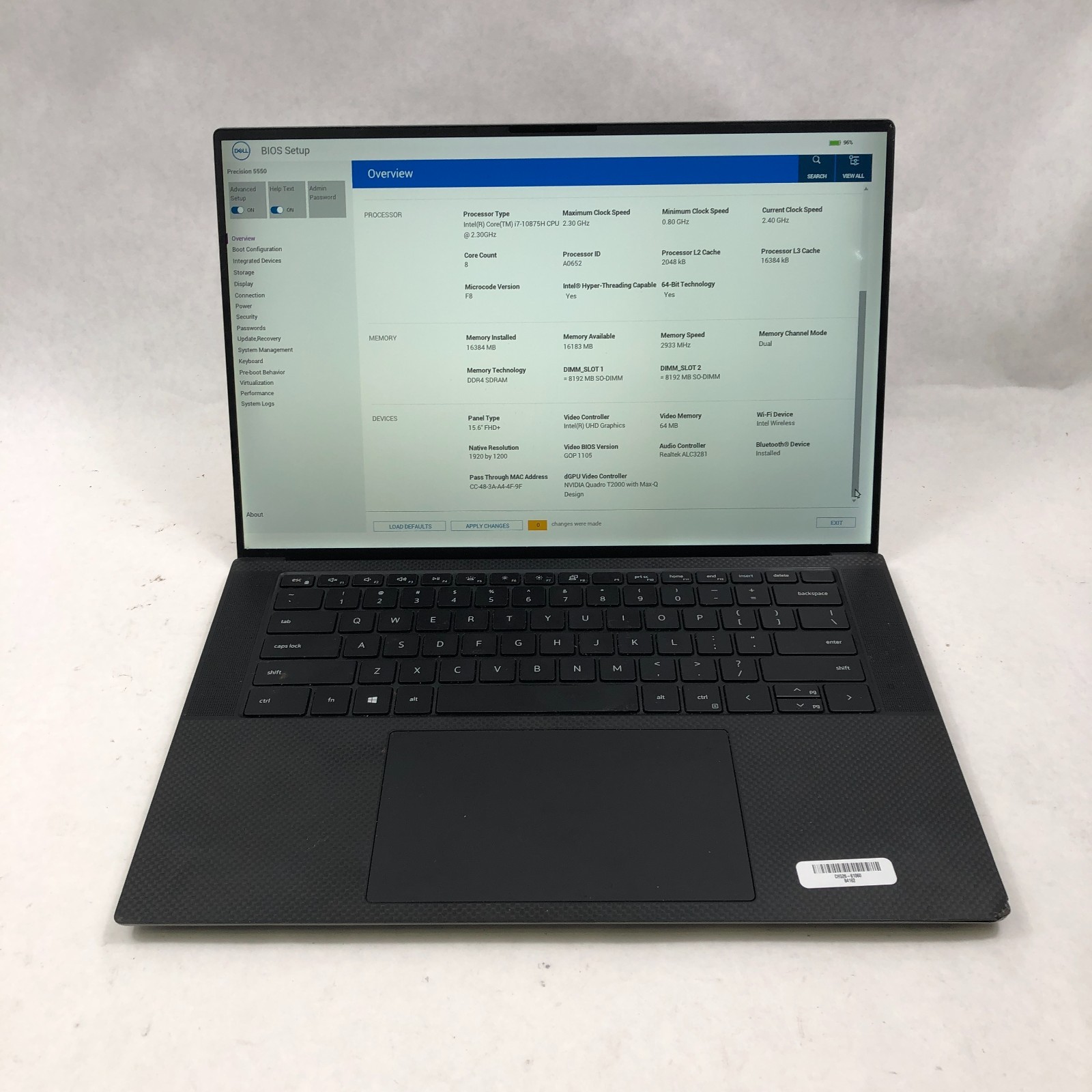 Dell Precision 5550 Intel Core i7-10875H 16GB RAM 512GB NVMe T2000 NO OS *Read*