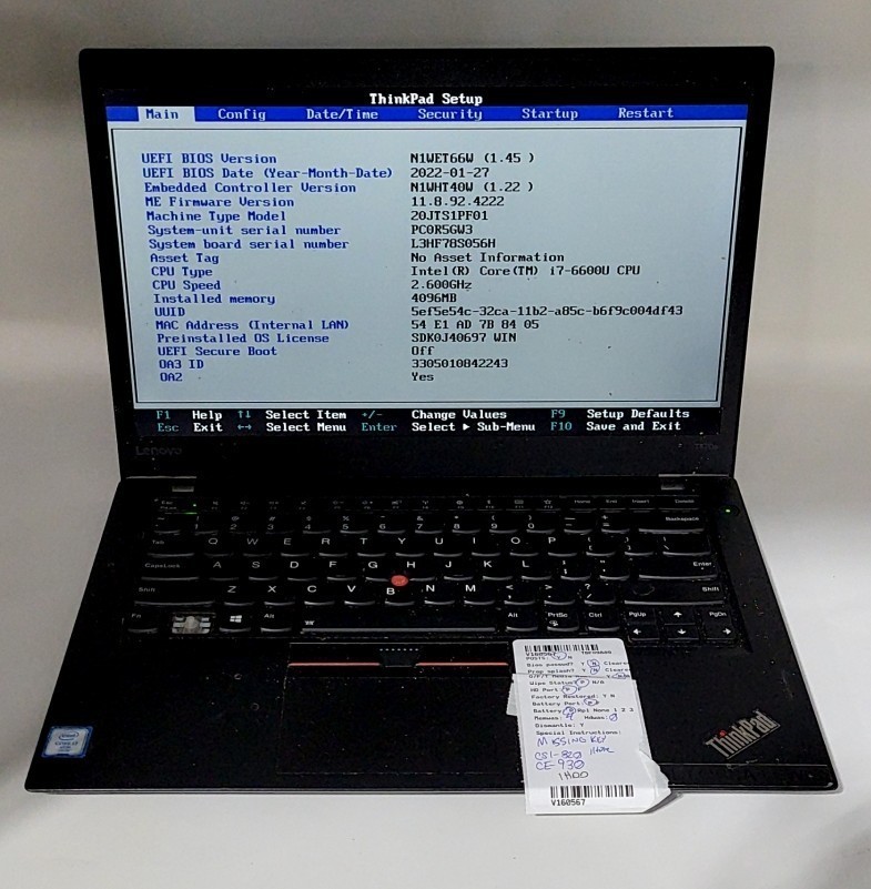 LENOVO 20JTS1PF01 ThinkPad T470s W10DG Laptop Intel I7-6600U 4GB 256GB SEE NOTES