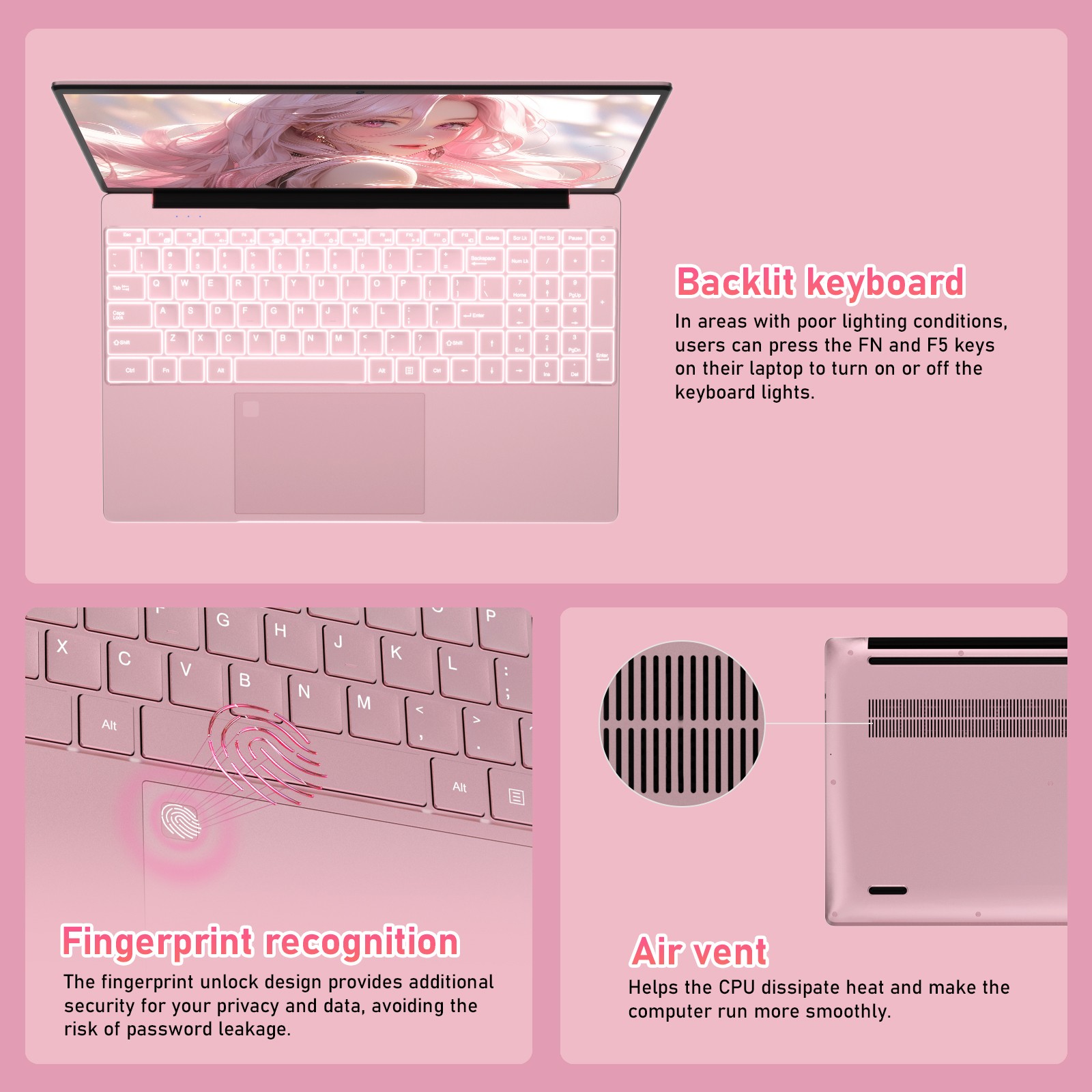Pink Laptop 15.6″ FHD 4-Core N95 16GB DDR4 1TB SSD 8000mAh Portable Notebook New