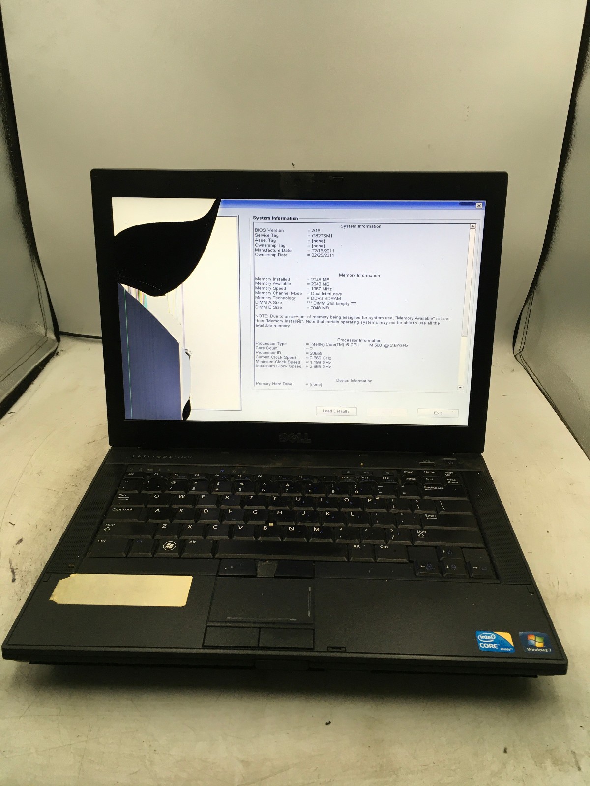DELL LATITUDE E6410 – BOOTS TO BIOS/BAD LCD – INTEL I5 M560 – NO RAM – 14″ – BB