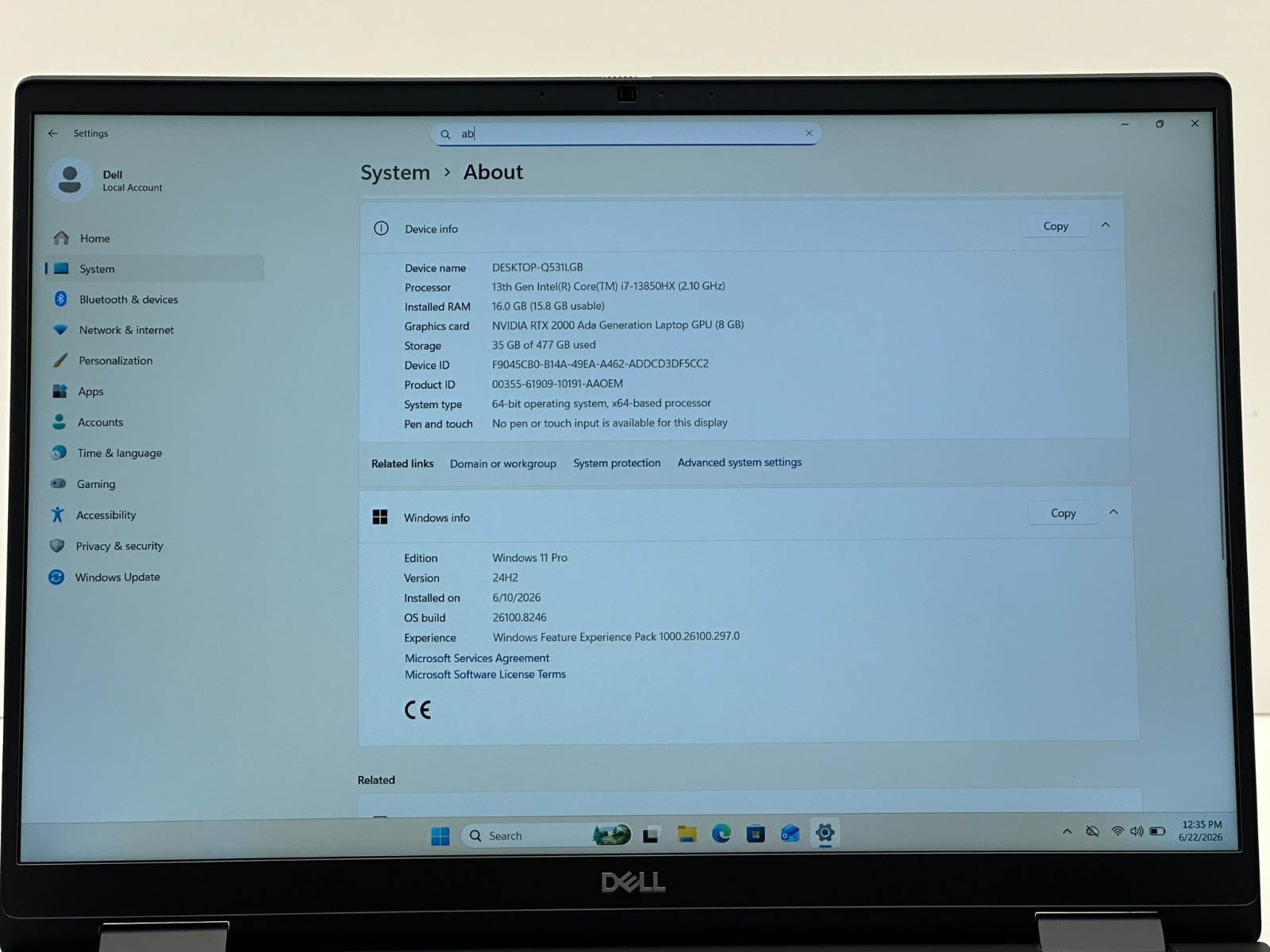 Dell Precision 7680 16″ Core i7-13850HX RTX 2000 16GB RAM 512 NVME SSD #20