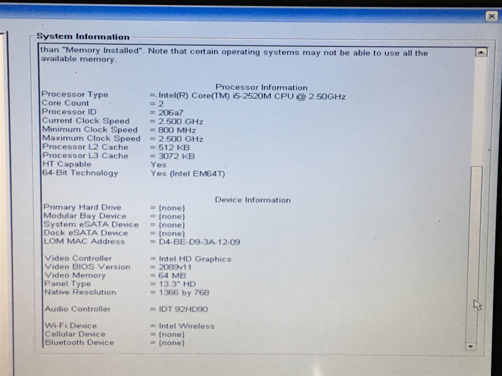 Dell Latitude E6320 Laptop i5-2520M 2.50GHz 4GB RAM No HDD No OS 13″