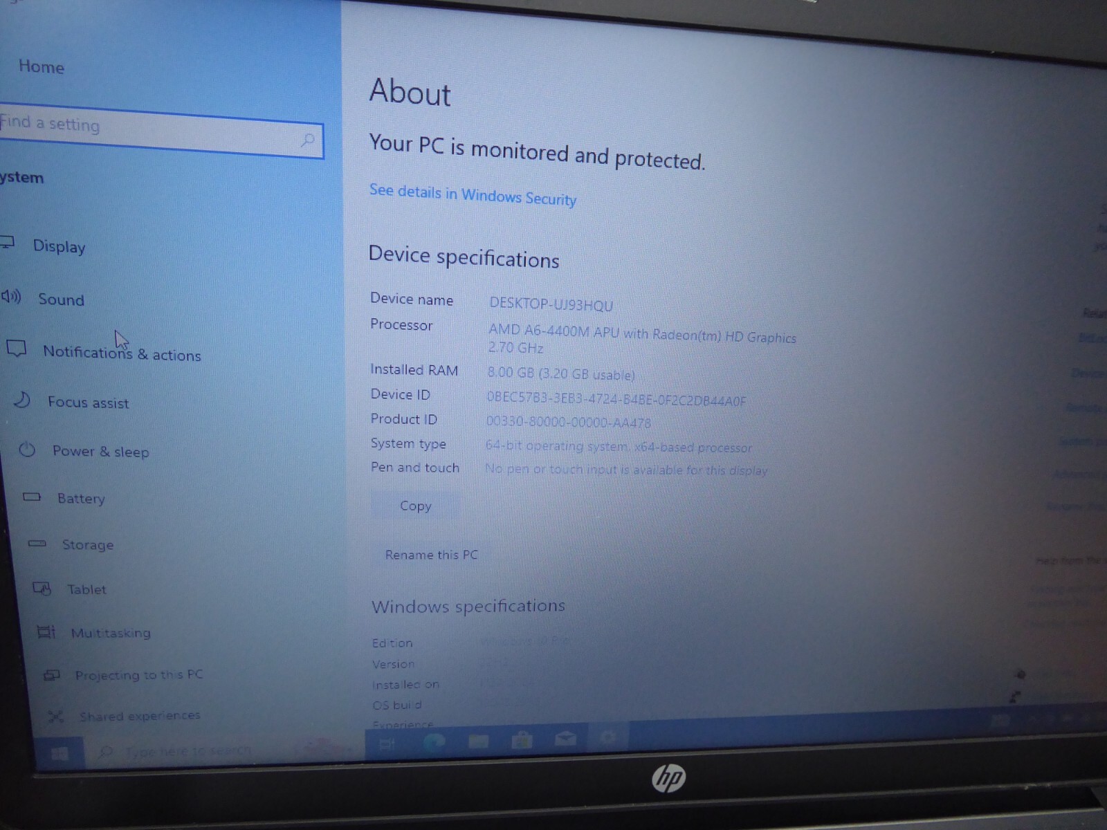 HP LAPTOP 455 G1 AMD A6-4400M 2.7GHz 8GB 240GB SSD WINDOWS 10 PRO Wi-Fi