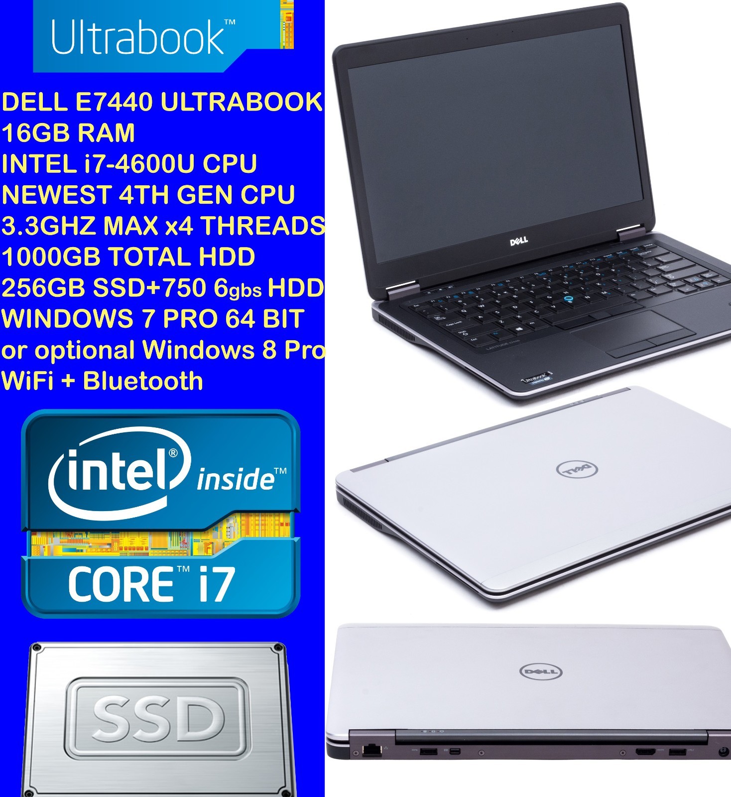 i7 16GB RAM Dell 1000GB (256GB SSD+ 750GB HDD) Latitude E7440 14″ Ultrabook