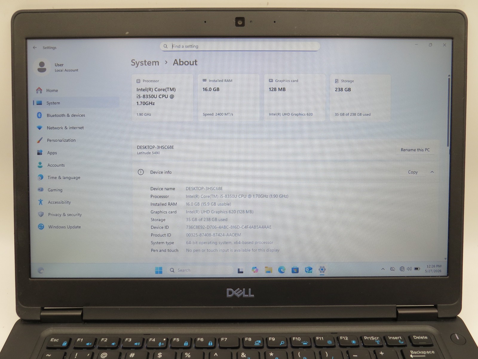 Dell Latitude 5490 i5-8350U @ 1.7GHz 16GB DDR4 256GB m2 Win 11 No AC