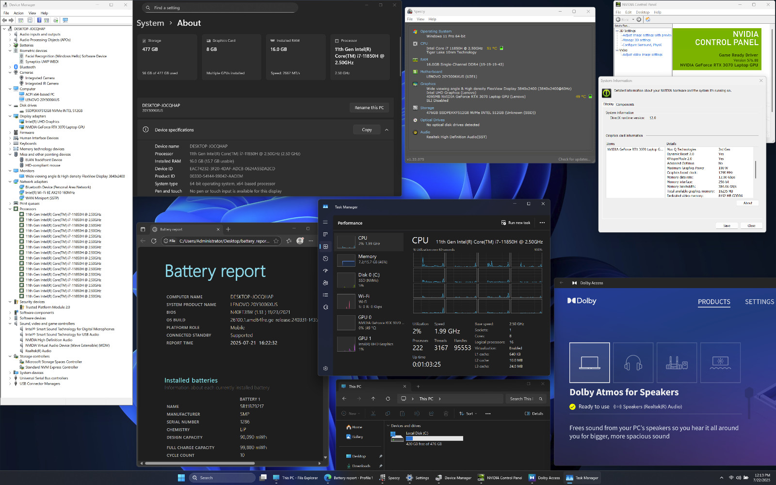 Lenovo ThinkPad P1 Gen 4 i7-11850H 16GB 16″ 4K HDR 3840×2400 NVIDIA RTX 3070