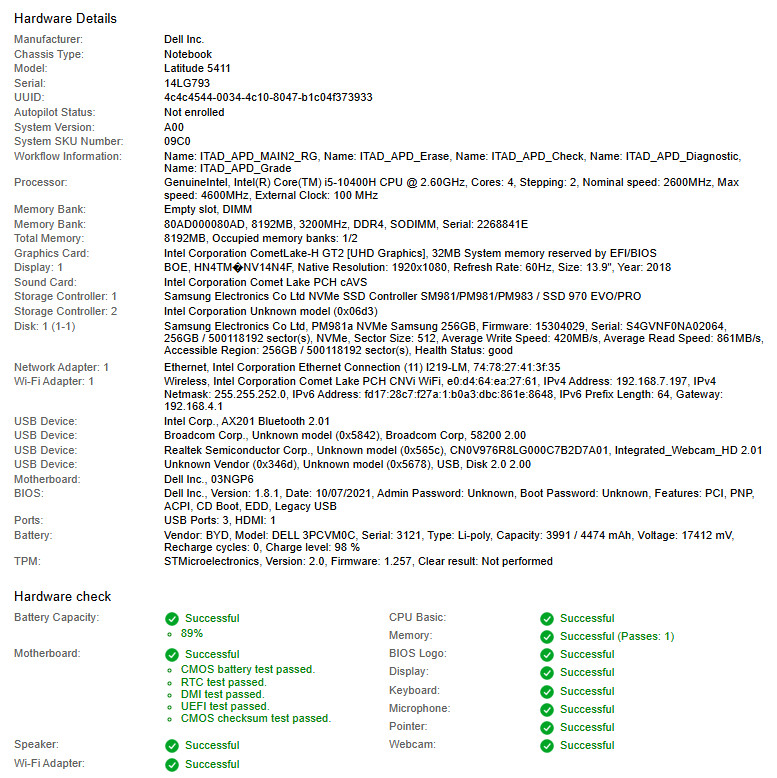 Dell Latitude 5411, i5-10400H CPU, @ 2.60GHz, 8GB RAM, 256GB NVMe-No OS/Charger