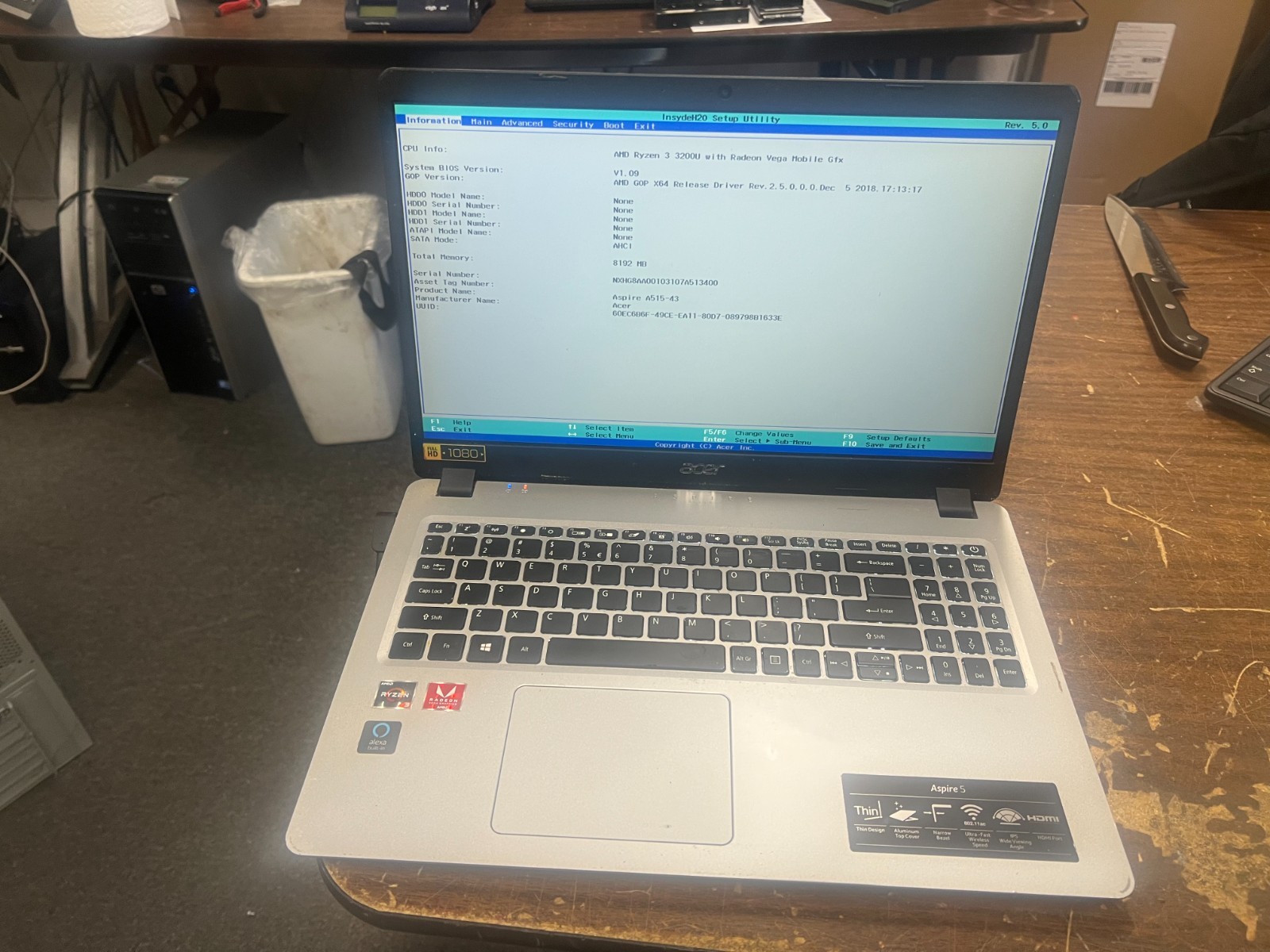 Acer Aspire 5 N19C3 15″ AMD Ryzen 3 3200U 8GB RAM No HDD No OS