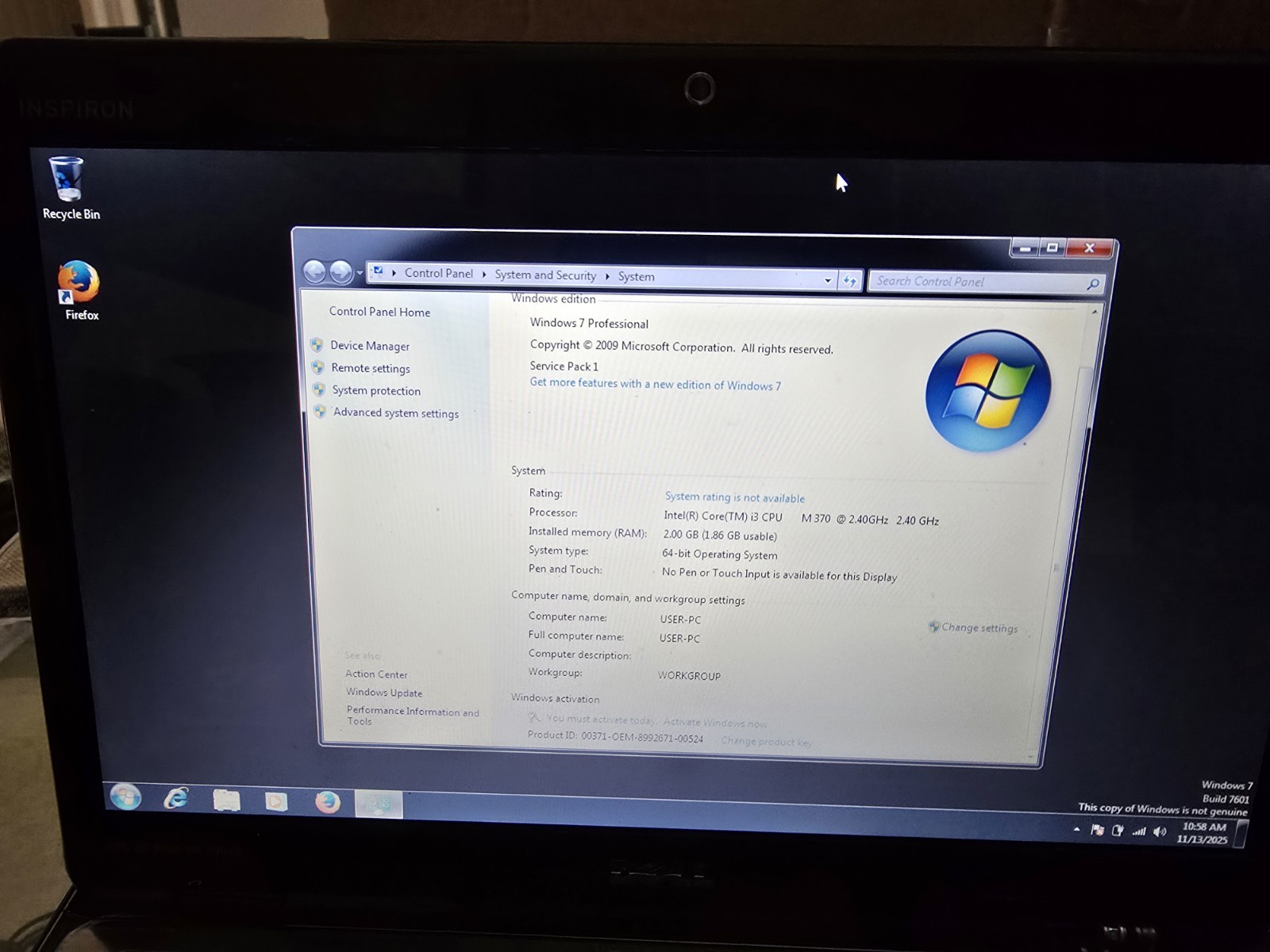 Dell Inspiron N4010 Laptop Intel Core i3-M 370 @ 2.40GHz 500GB 2GB RAM WIN 7 Pro