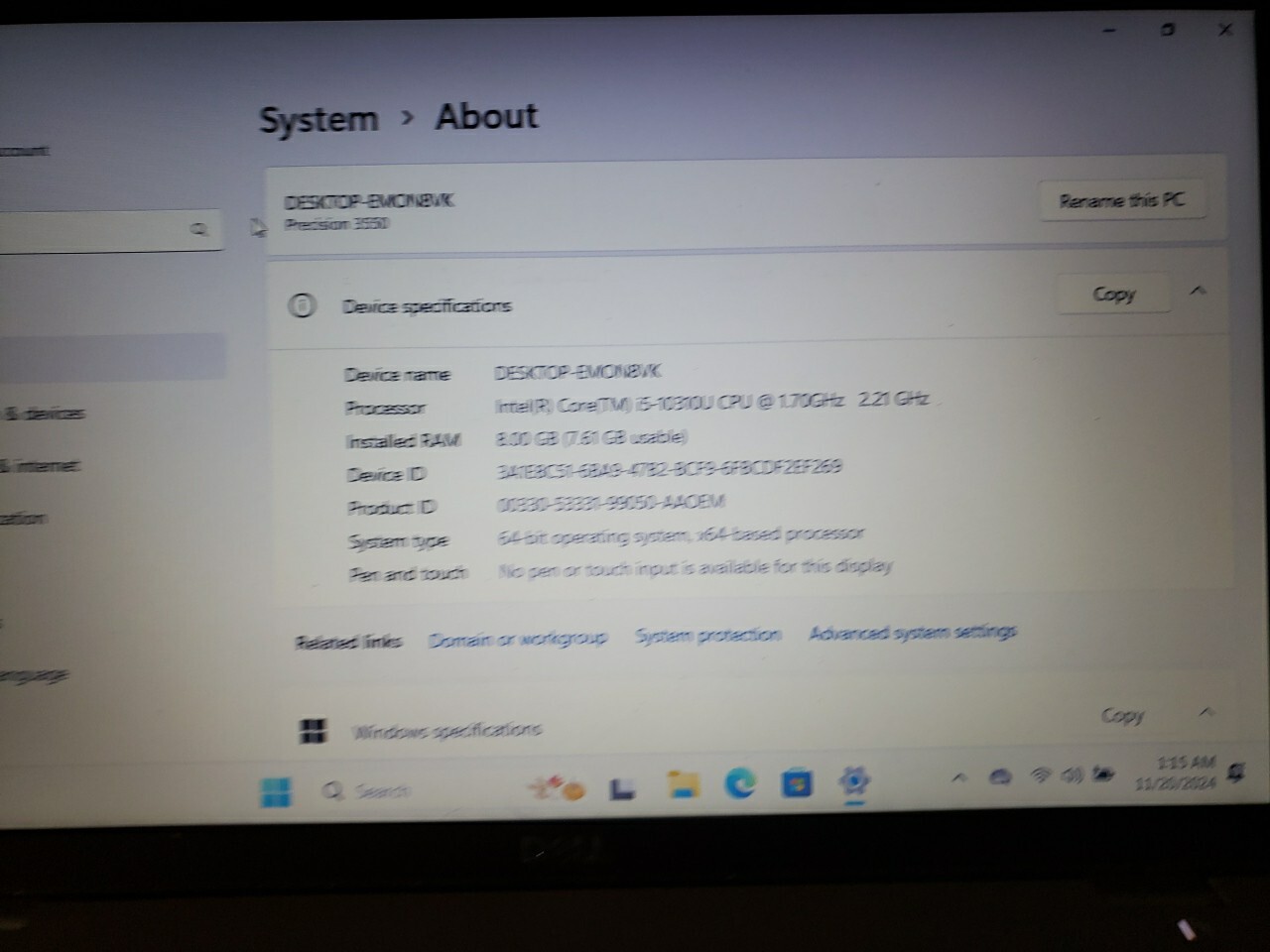 Dell Precision 3550 i5-10310U 1.7GHz 128GB 8GB 15″ Laptop PC SEE DETAIL