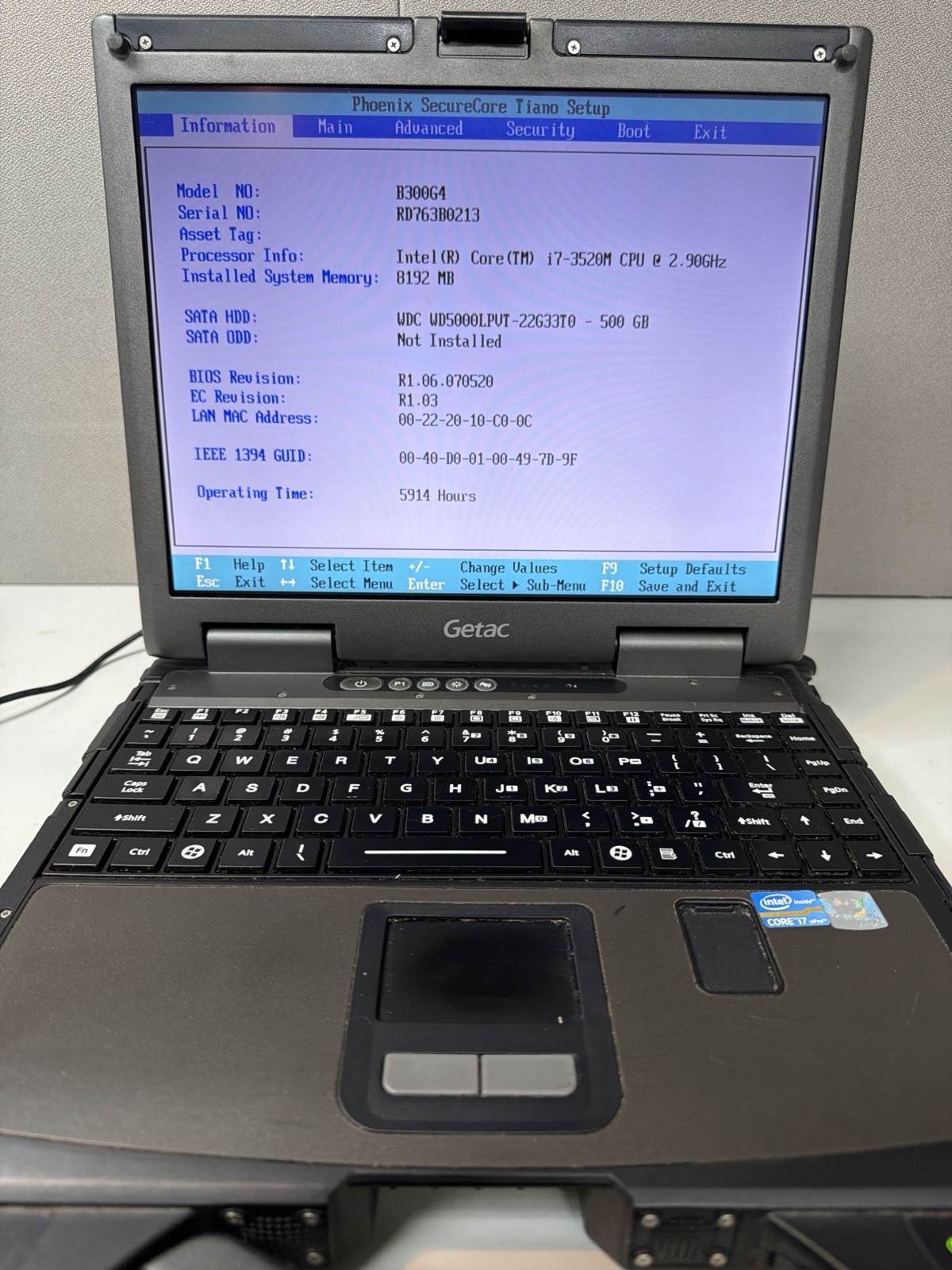 Getac B300 G4 Rugged Laptop i7-3520M 8GB RAM 500GB HDD Boots to BIOS