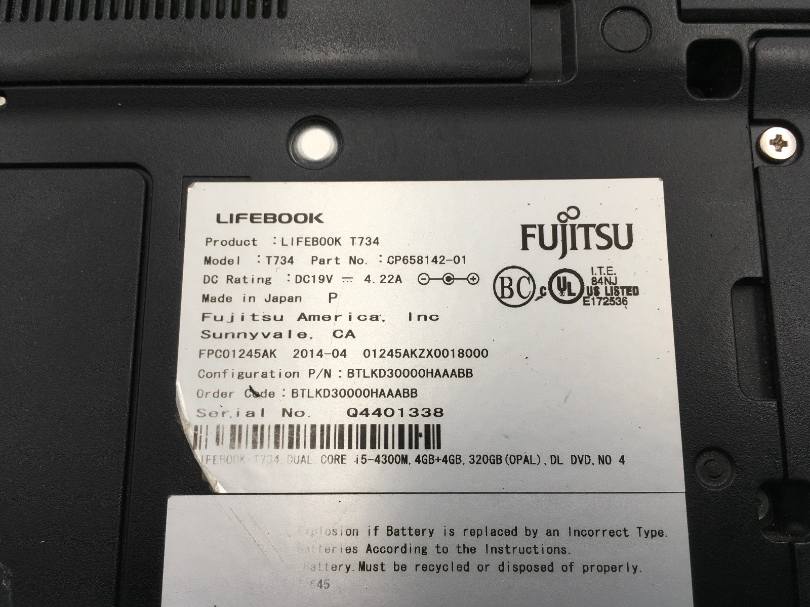 FUJITSU LIFE T734 – BOOTS TO BIOS – INTEL I5 4300U – 8GB RAM – NO OS – READ – BB