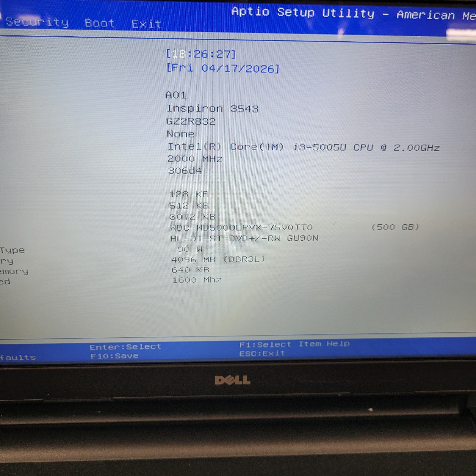 DelL Inspiron 3543/Intel i3-5005u @2.0 GHz/4 GB RAM /500 GB HDD Window 10