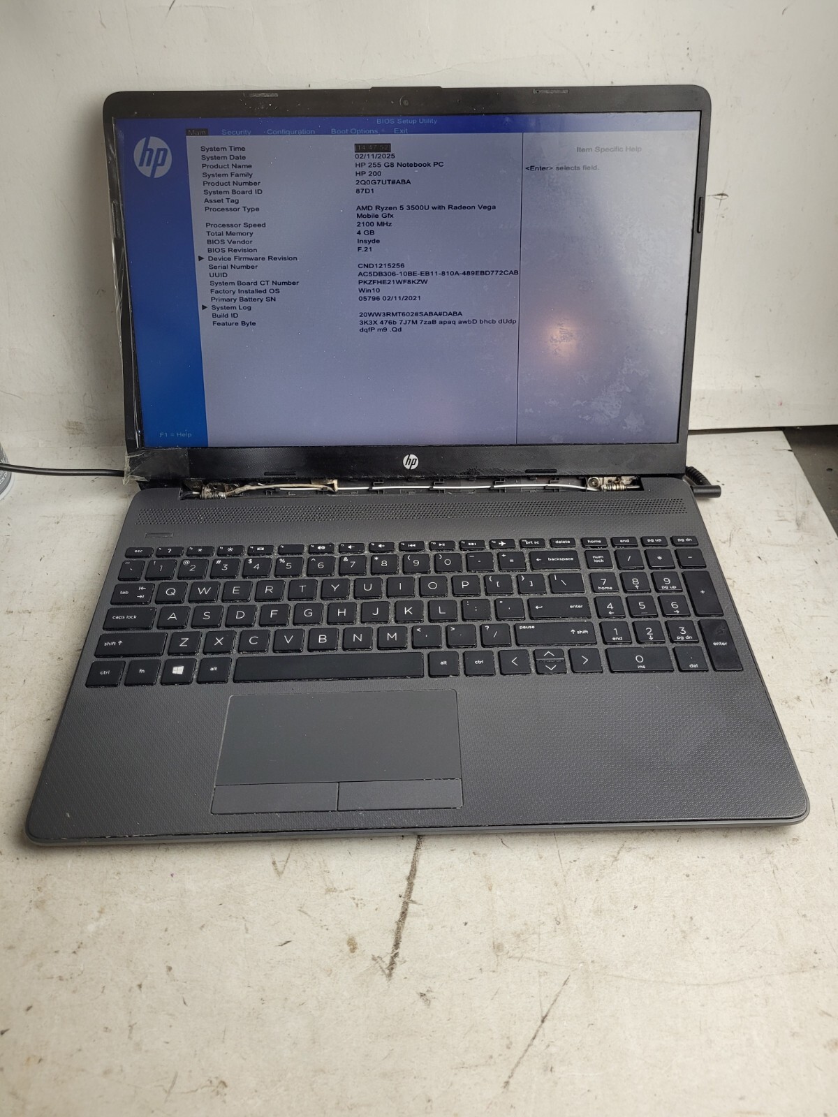 HP NoteBook 255 G8 w/AMD Ryzen 5 3500U, 4GB RAM, 15.6″ Laptop for Parts #1857