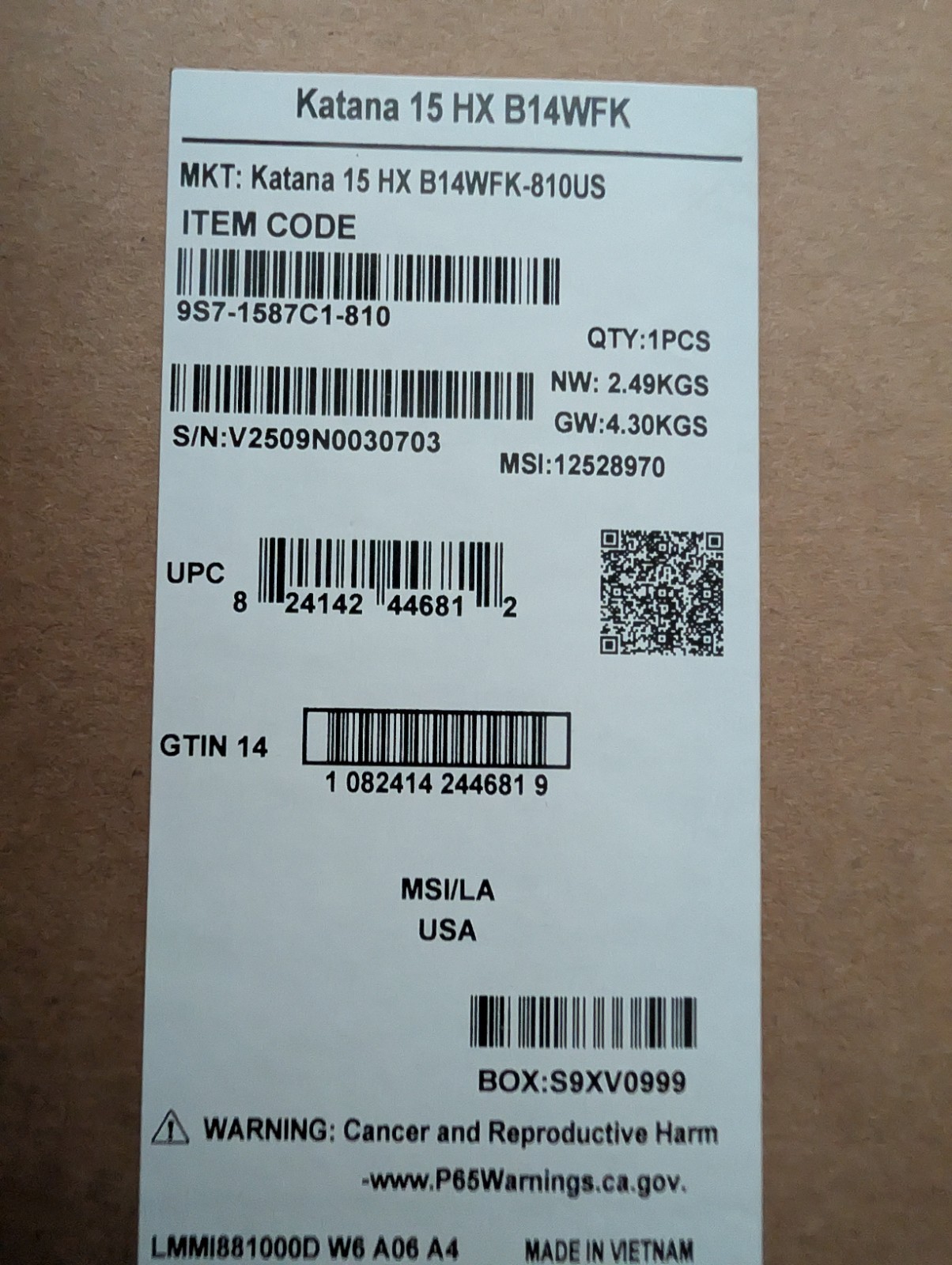 NEW SEALED MSI Katana 15 HX B14WFK-810US i7-14650HX RTX 5060 QHD 165Hz 16GB 1TB